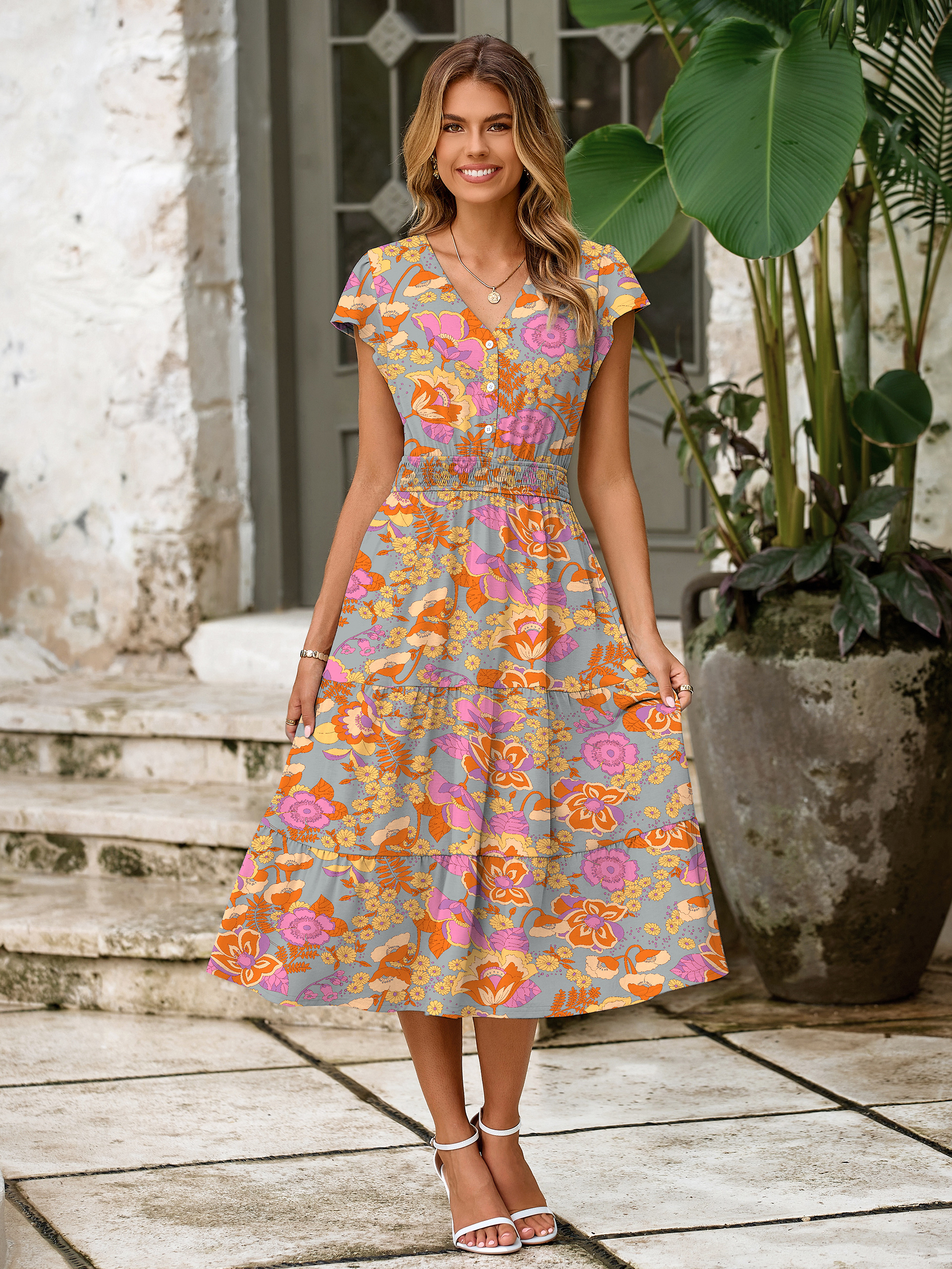 Boho Floral Flutter Sleeve Smocked Midi Dress