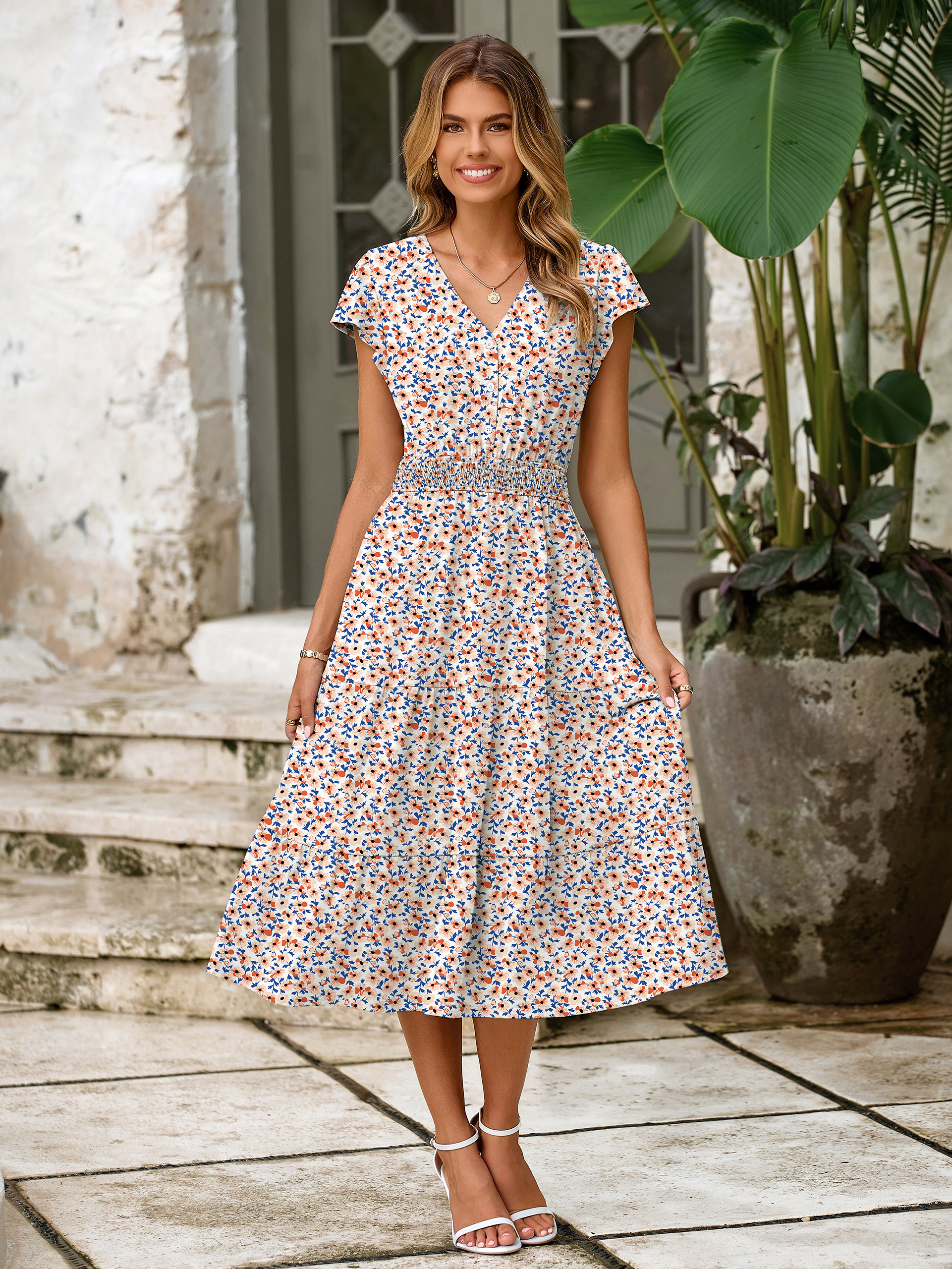 Boho Floral Flutter Sleeve Smocked Midi Dress