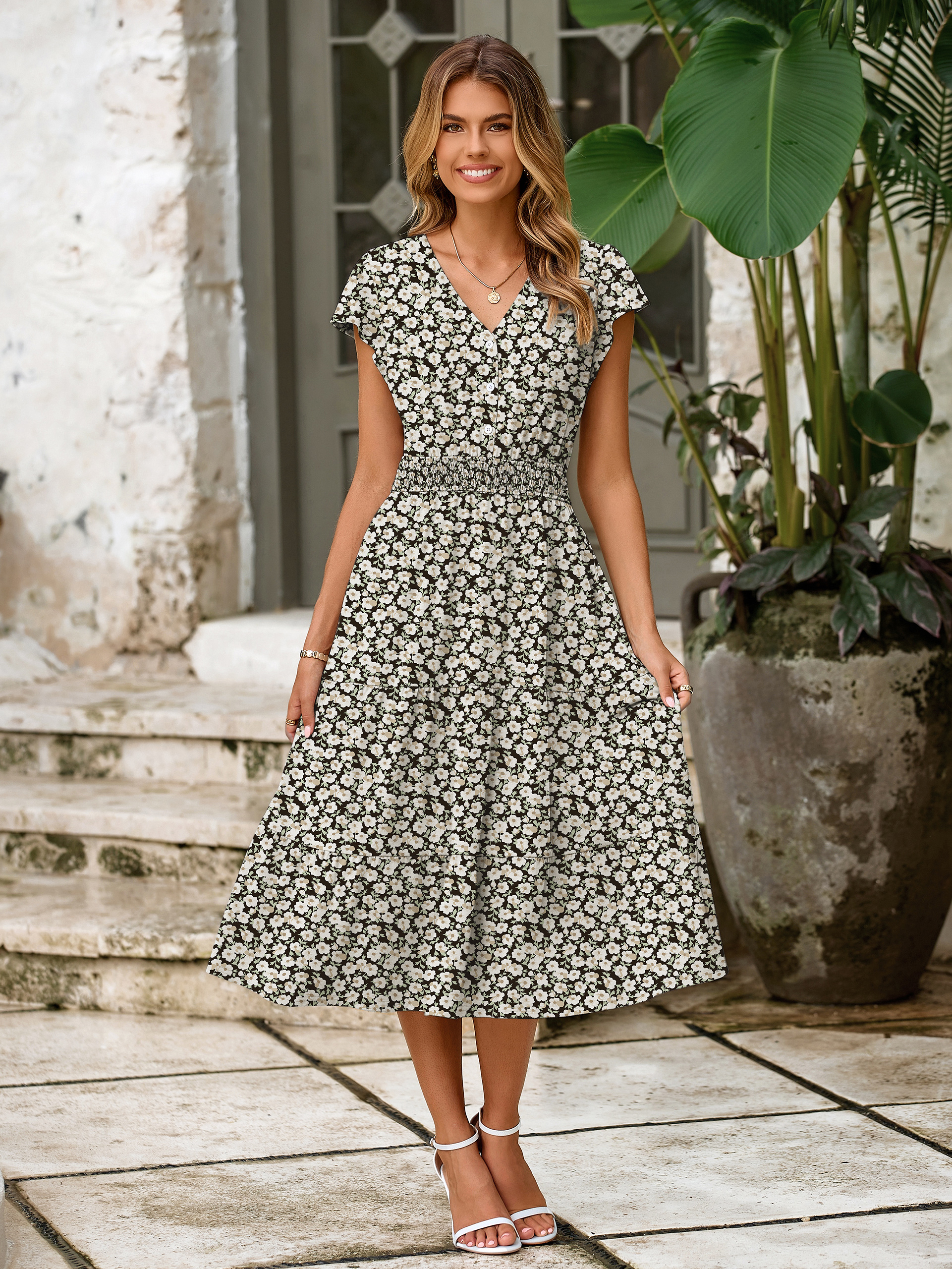 Boho Floral Flutter Sleeve Smocked Midi Dress