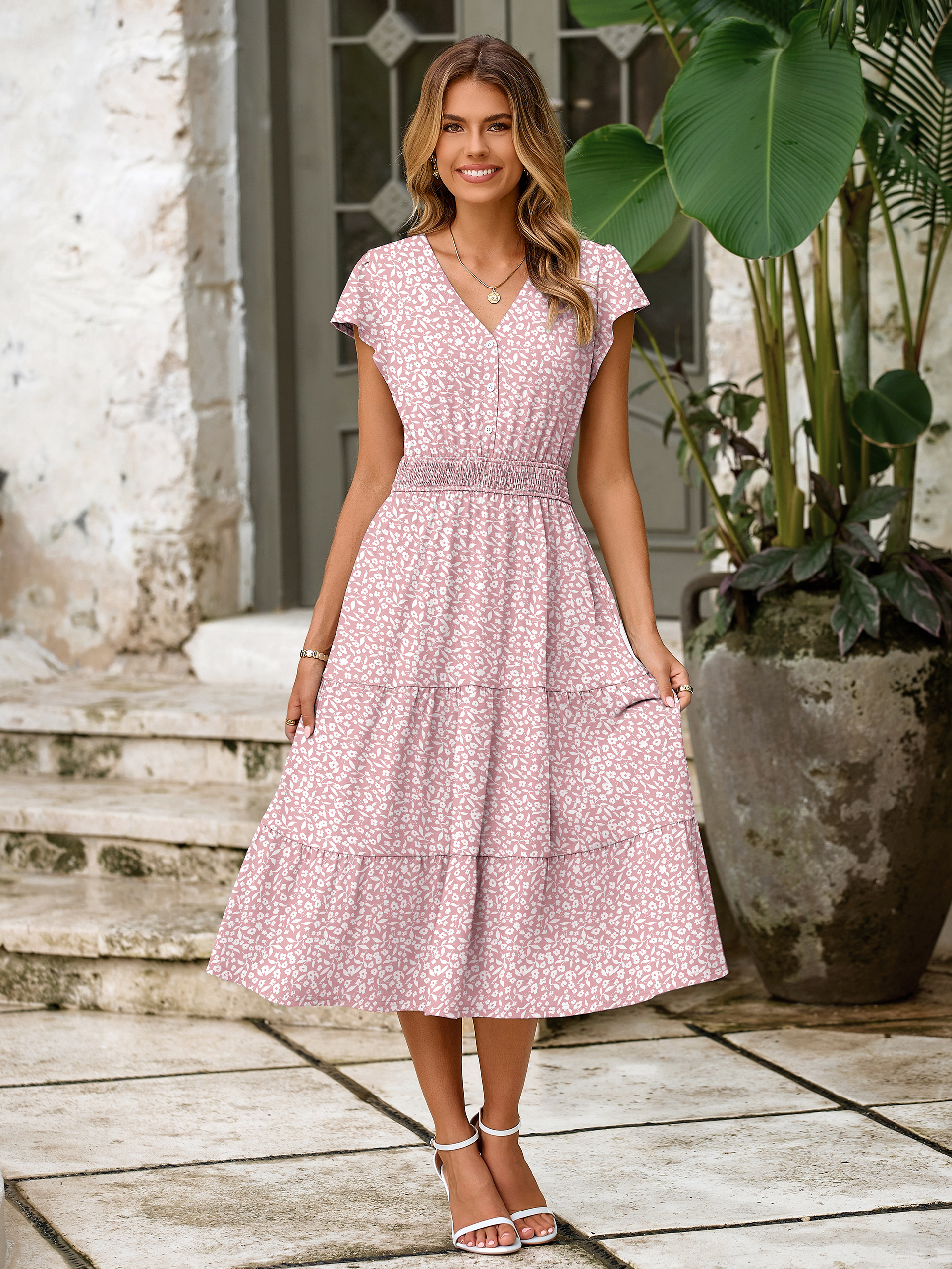 Boho Floral Flutter Sleeve Smocked Midi Dress