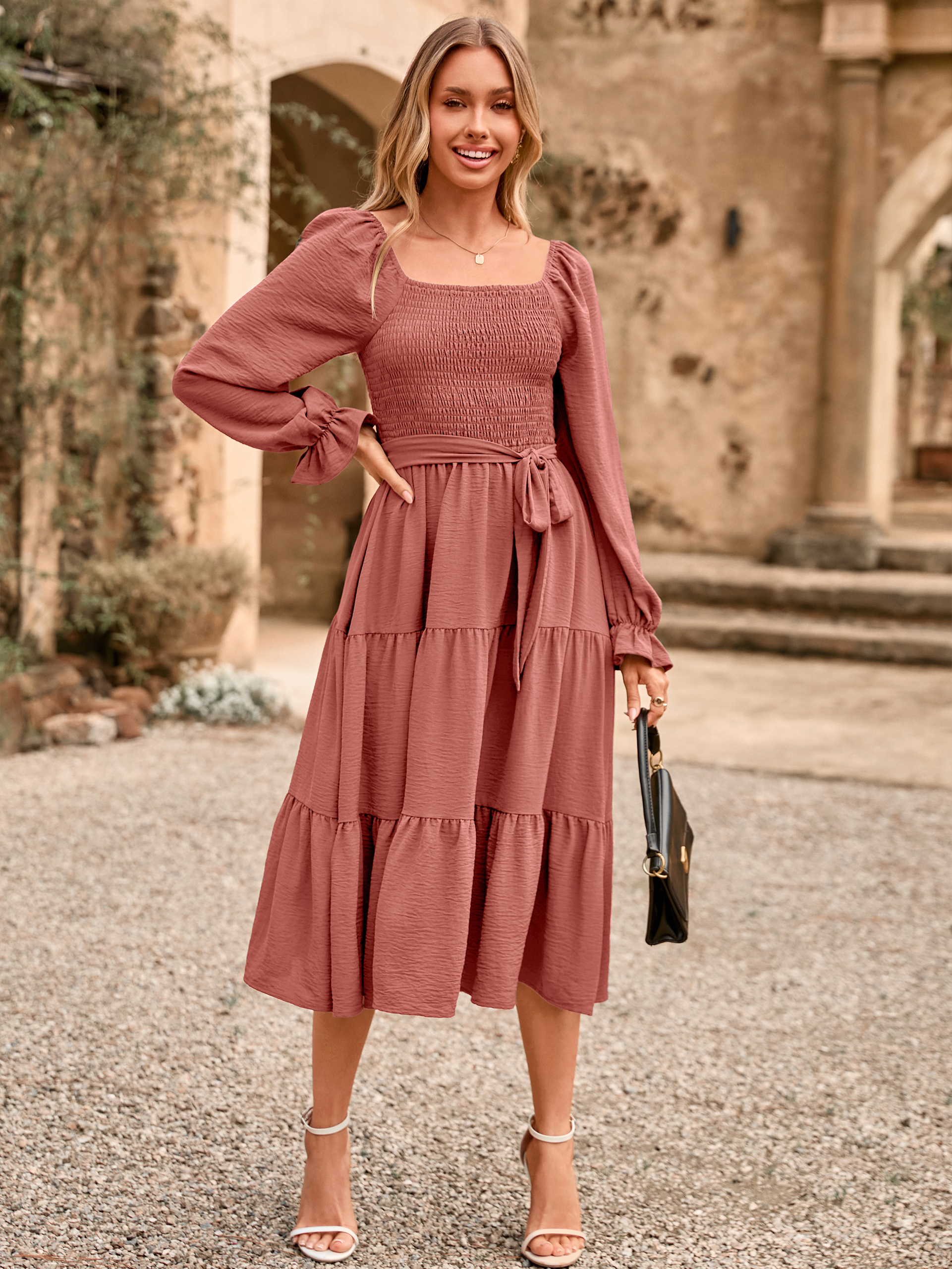 Square Neck Ruched Smocked Tiered Maxi Dress