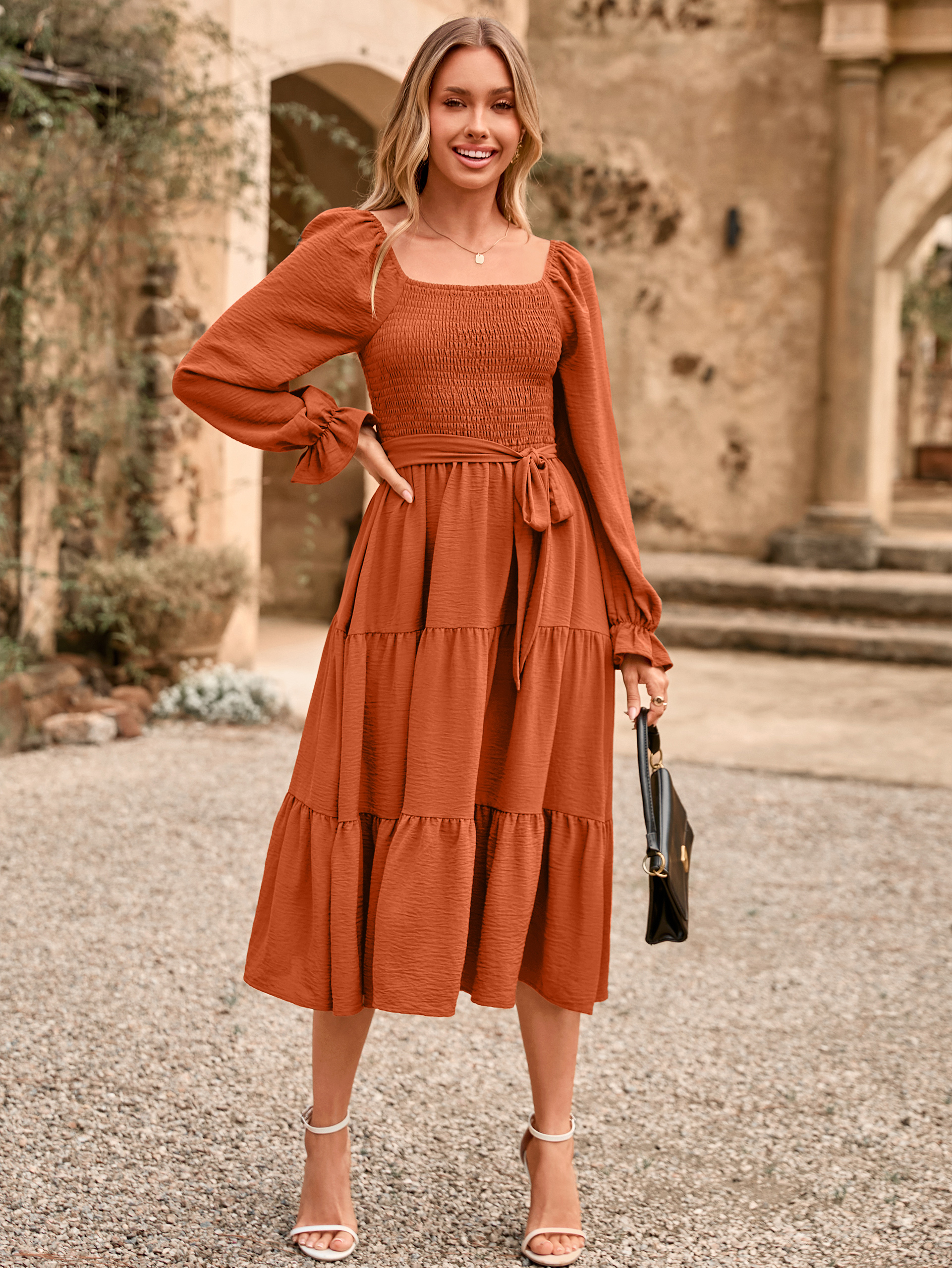 Square Neck Ruched Smocked Tiered Maxi Dress