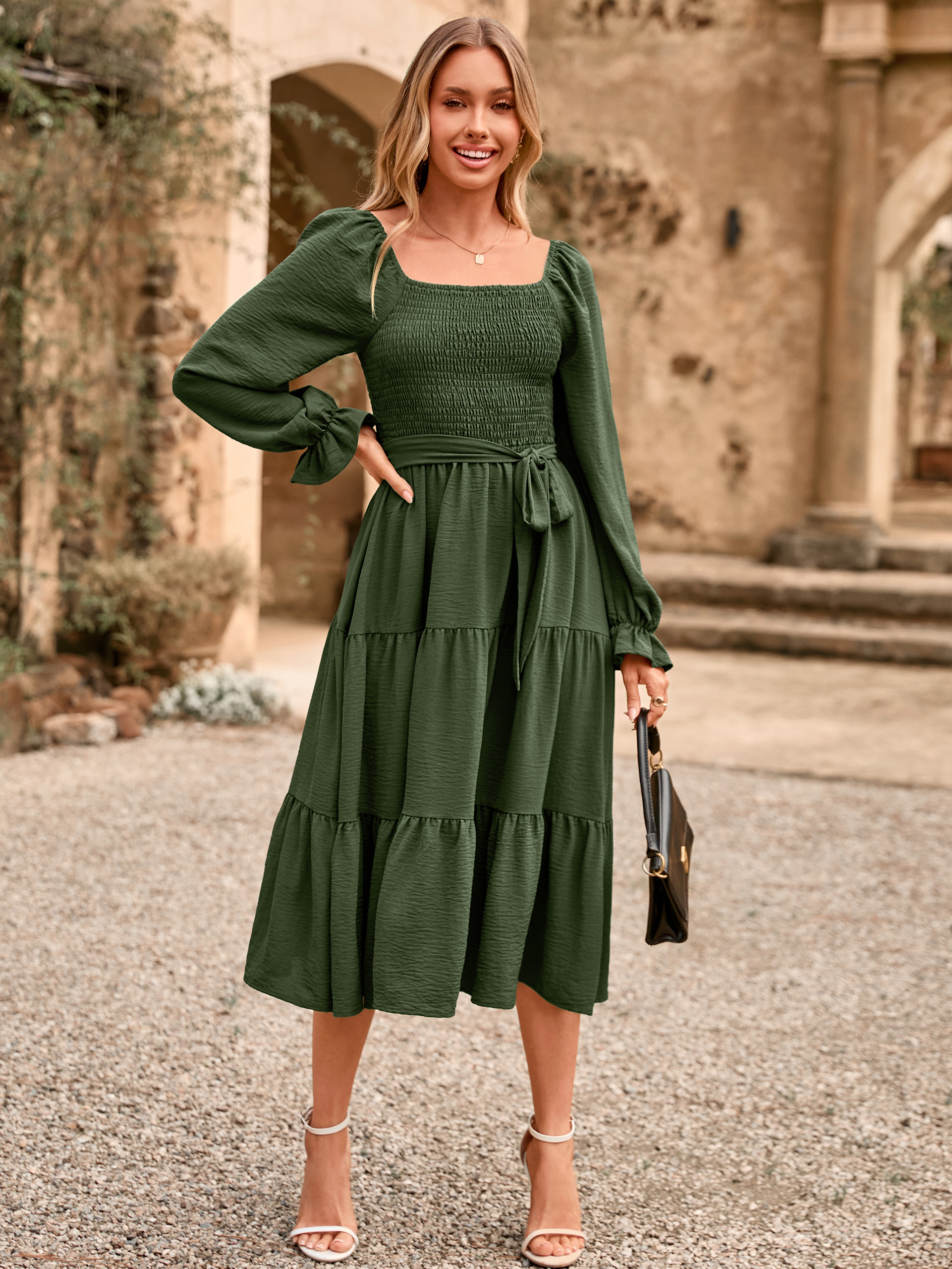 Square Neck Ruched Smocked Tiered Maxi Dress