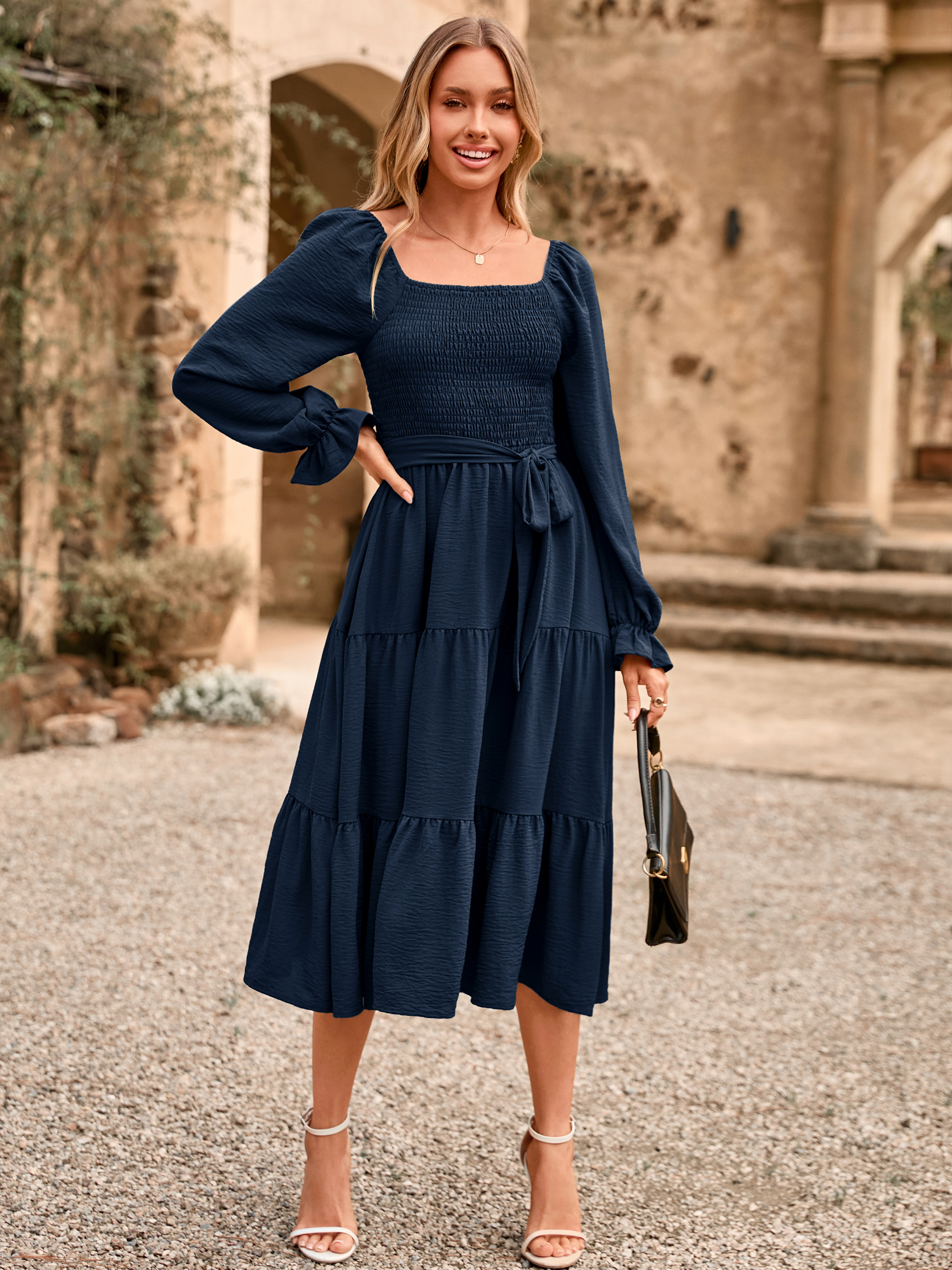 Square Neck Ruched Smocked Tiered Maxi Dress