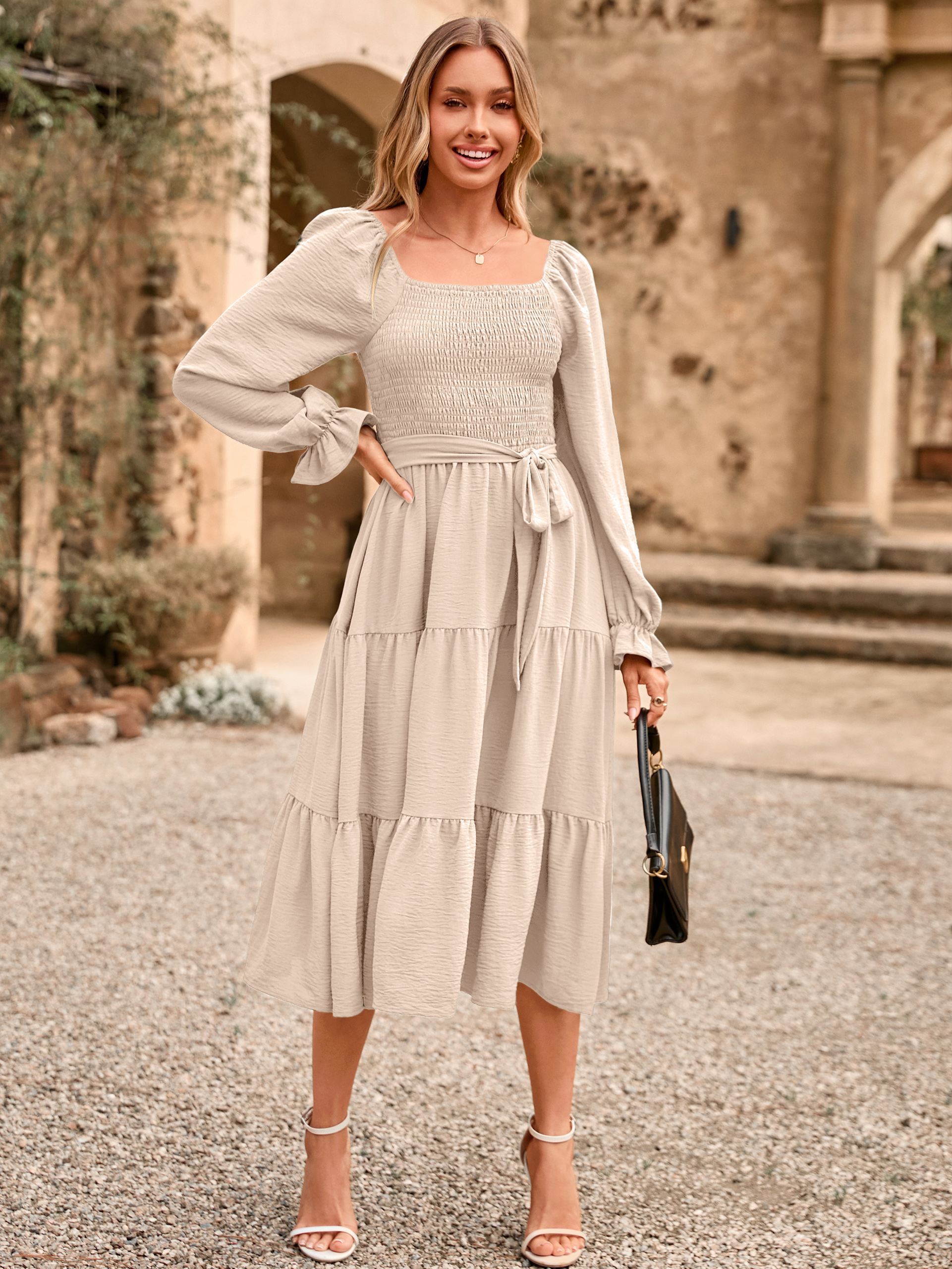 Square Neck Ruched Smocked Tiered Maxi Dress