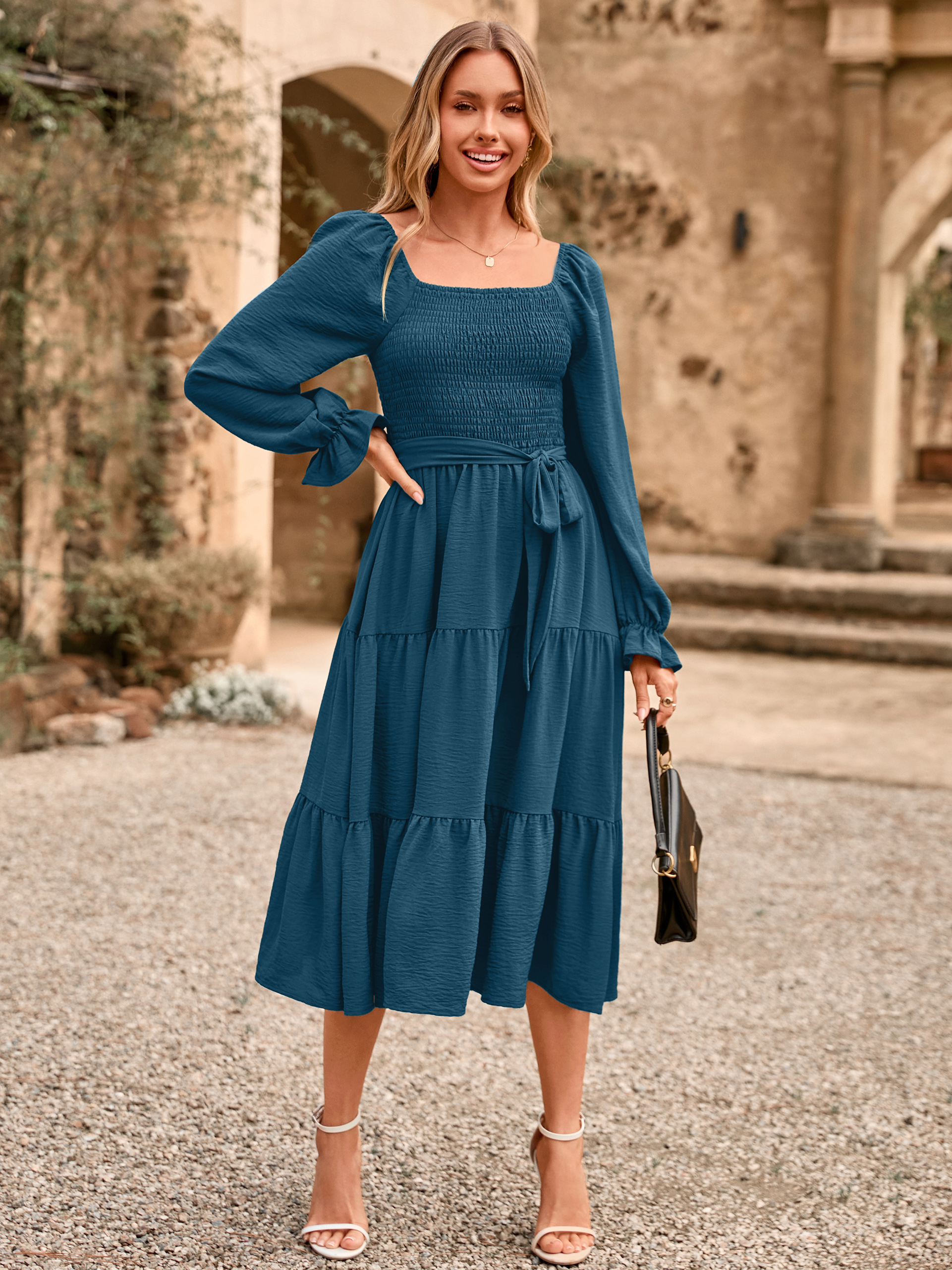 Square Neck Ruched Smocked Tiered Maxi Dress