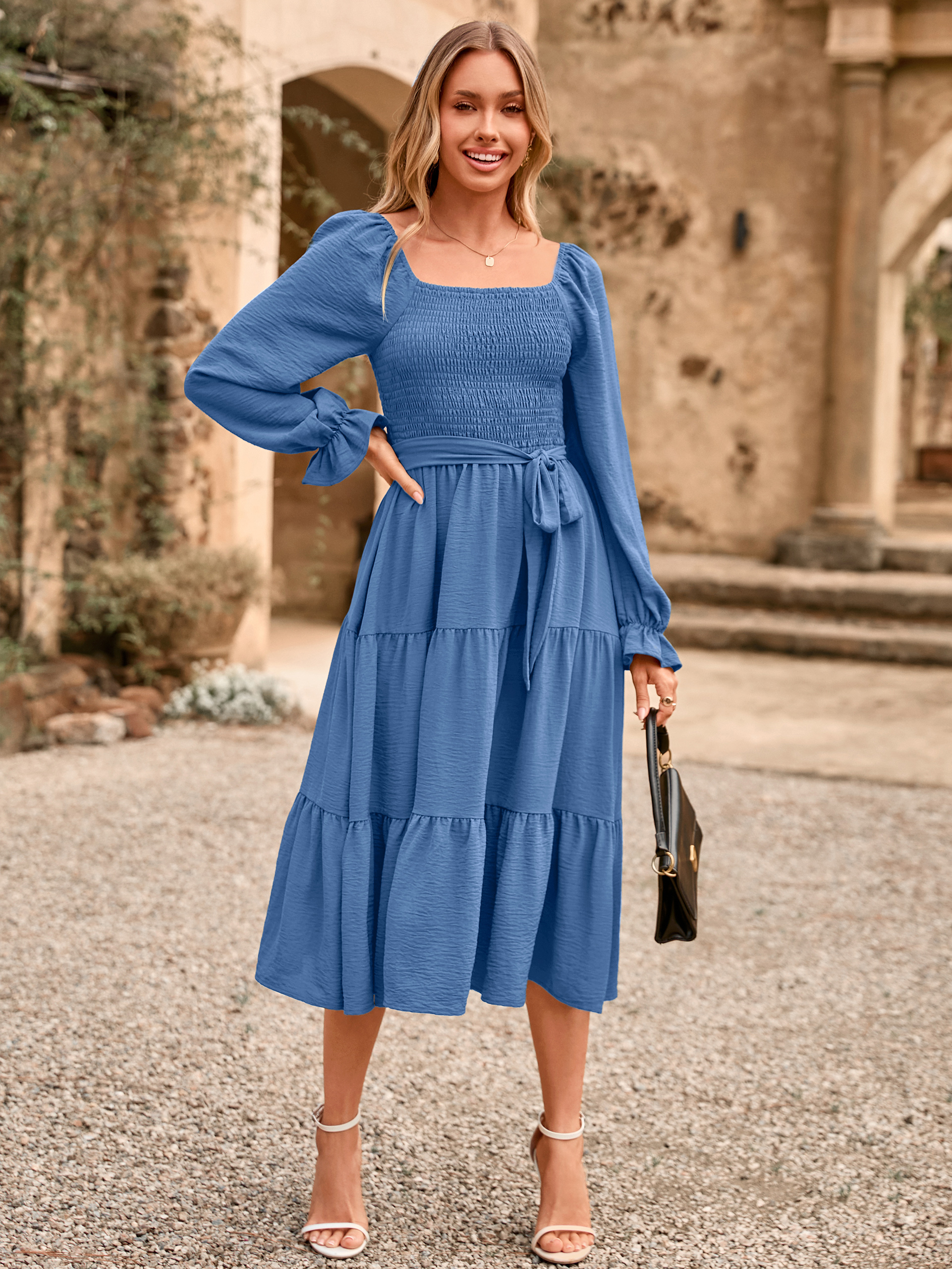 Square Neck Ruched Smocked Tiered Maxi Dress