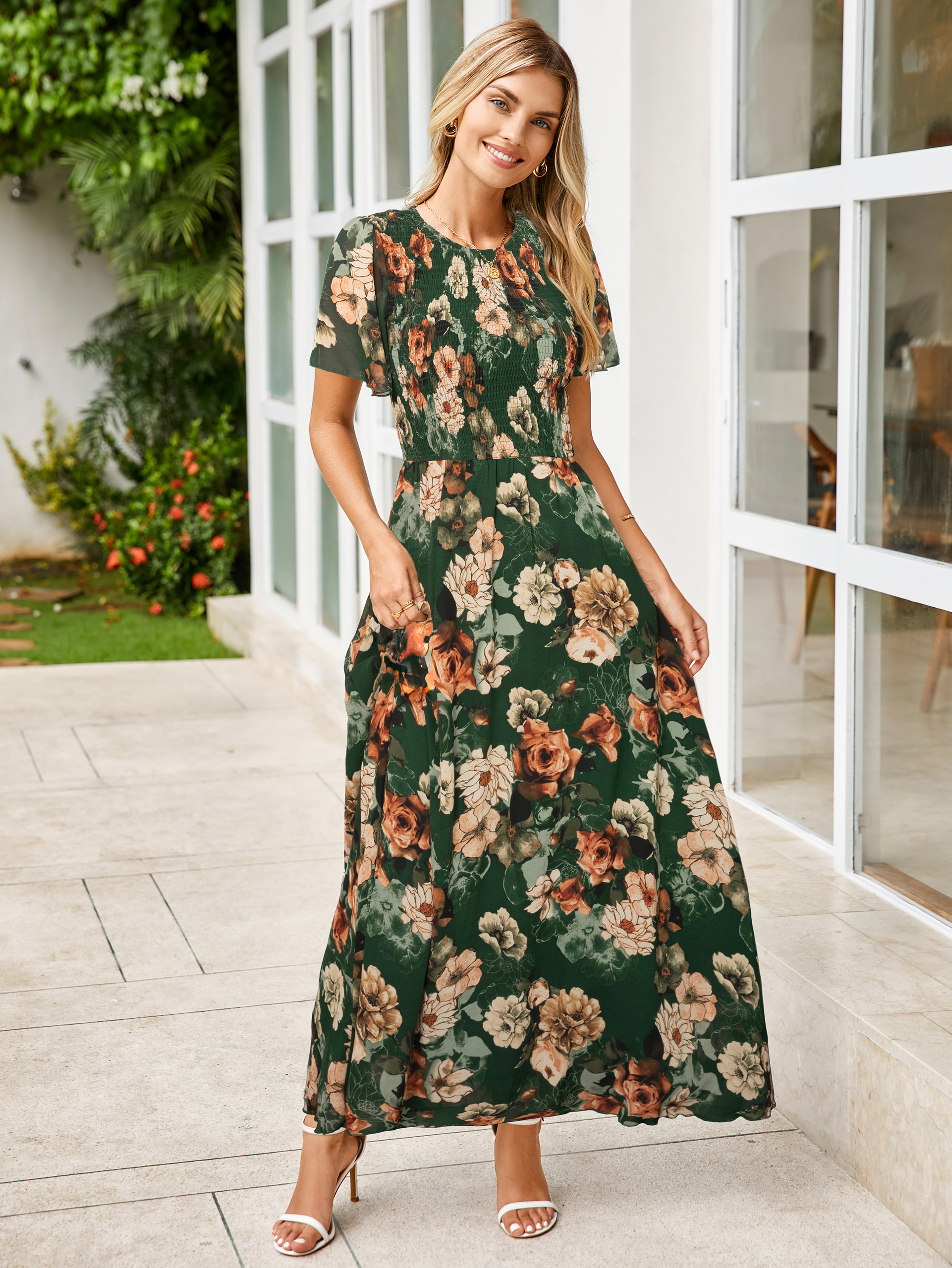 Chiffon Flutter Sleeve Smocked Floral Maxi Dress