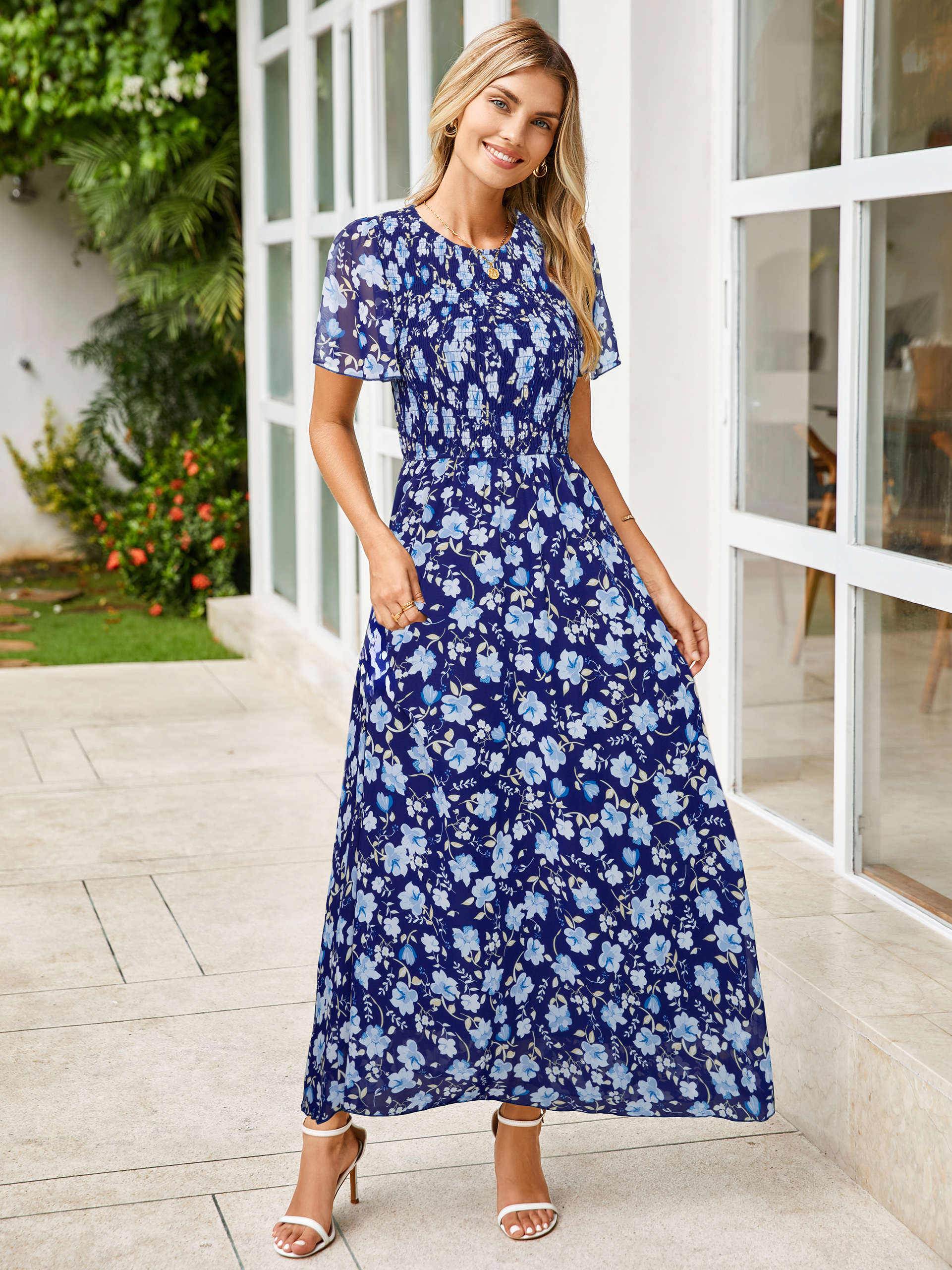 Chiffon Flutter Sleeve Smocked Floral Maxi Dress