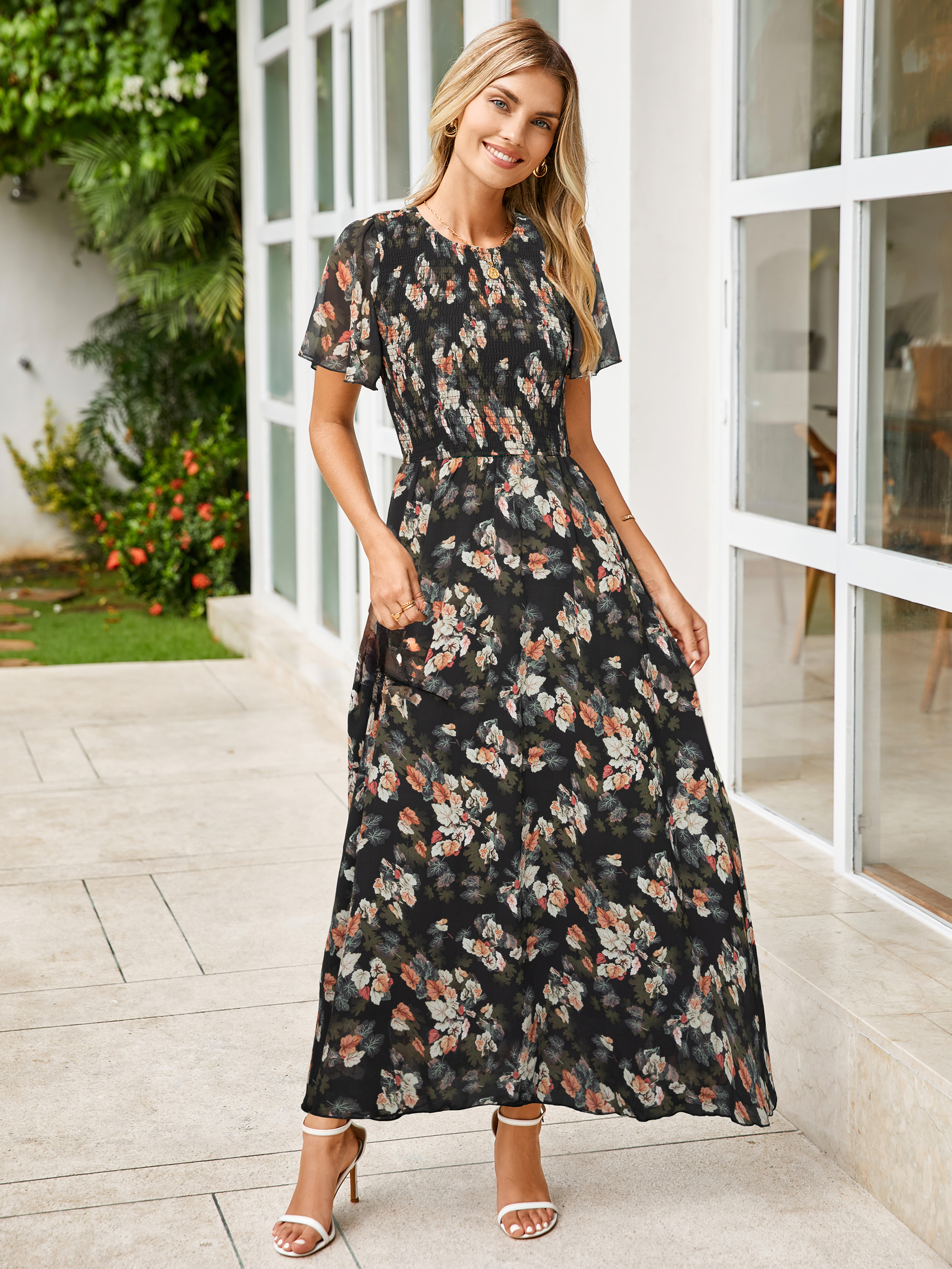 Chiffon Flutter Sleeve Smocked Floral Maxi Dress
