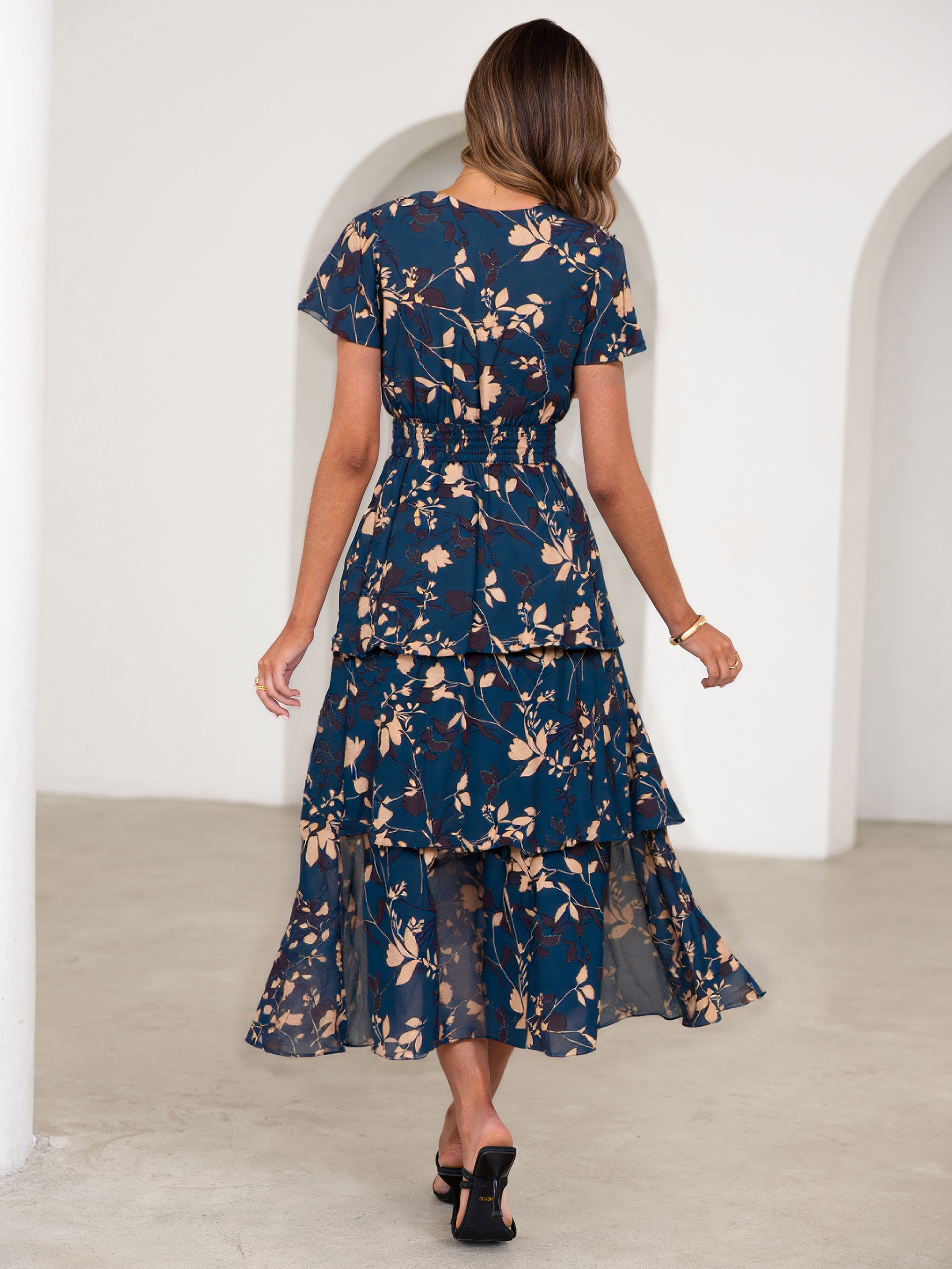 Ruffle Tiered Floral Wedding Guest Maxi Dress - Navy Apricot Floral