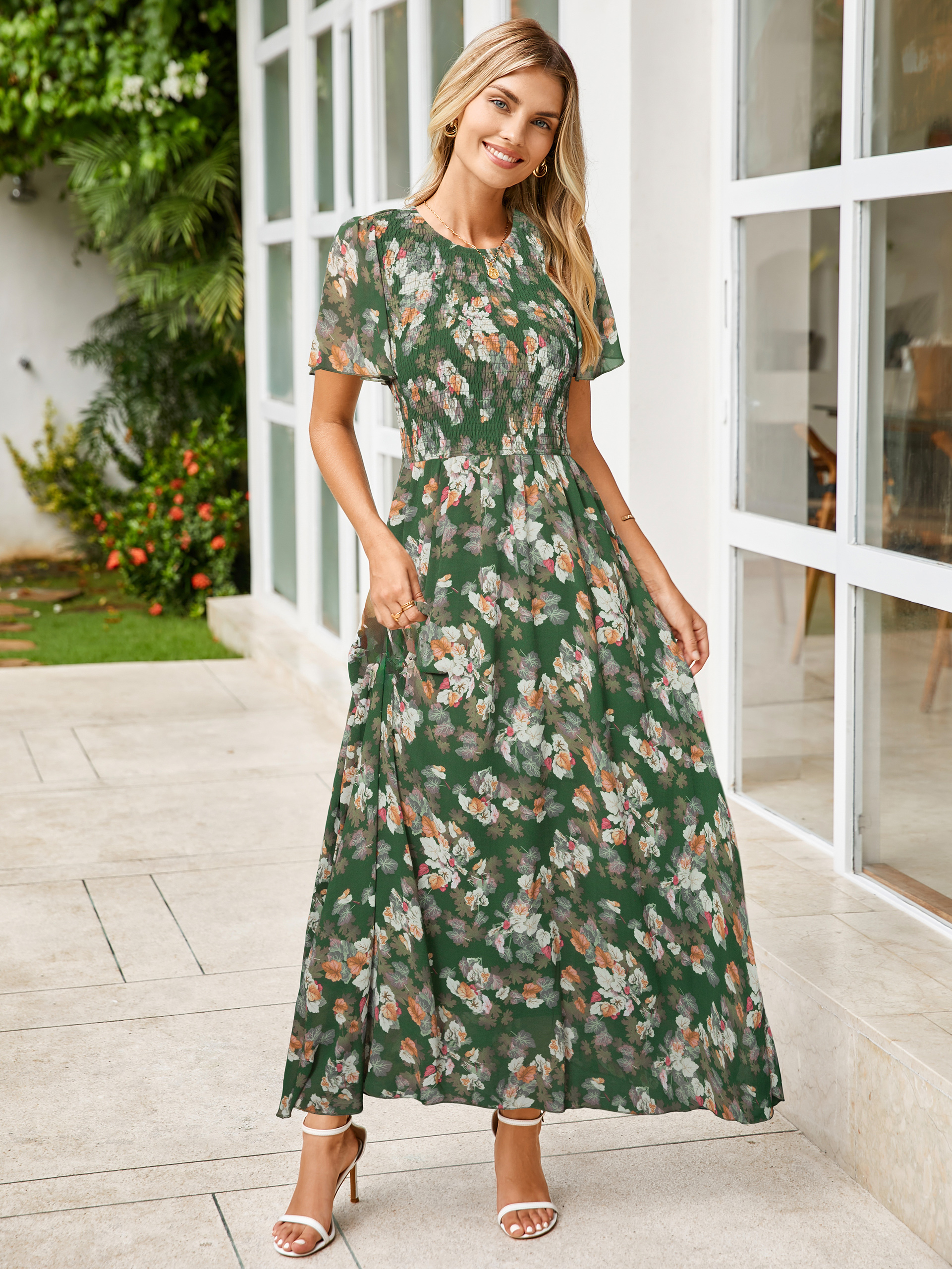 Chiffon Flutter Sleeve Smocked Floral Maxi Dress