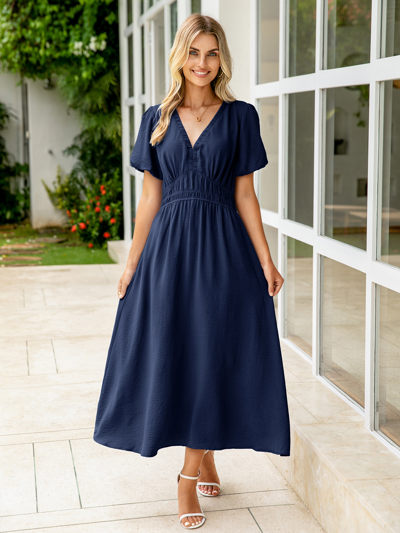 Boho Puff Sleeve Flowy Wedding Guest Maxi Dress