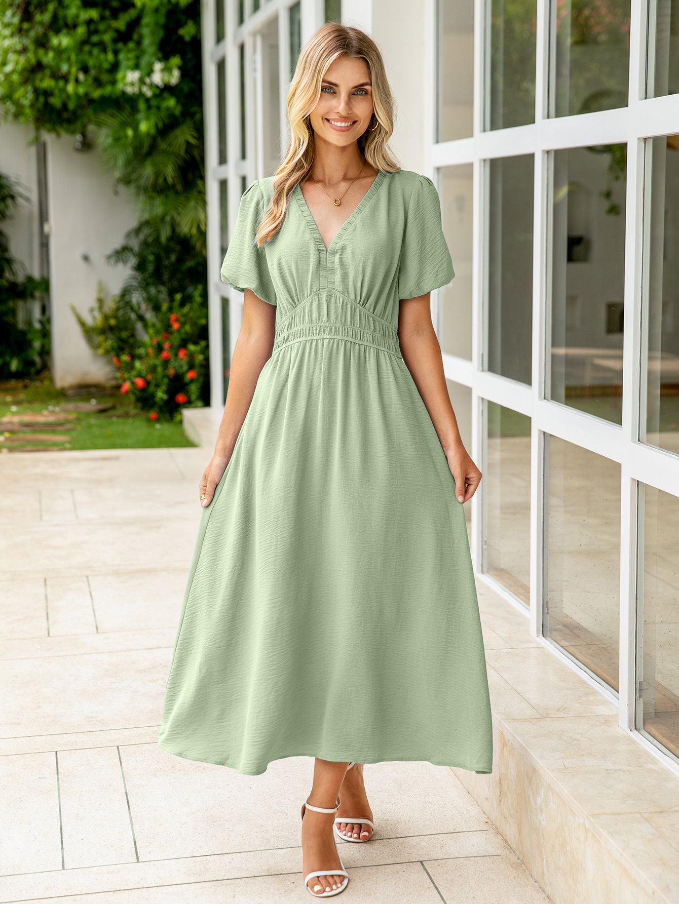 Boho Puff Sleeve Flowy Wedding Guest Maxi Dress