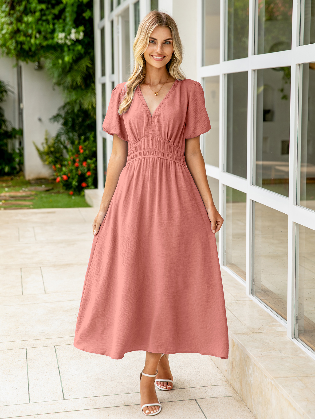 Boho Puff Sleeve Flowy Wedding Guest Maxi Dress