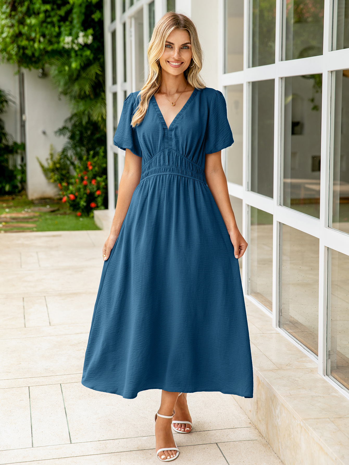 Boho Puff Sleeve Flowy Wedding Guest Maxi Dress
