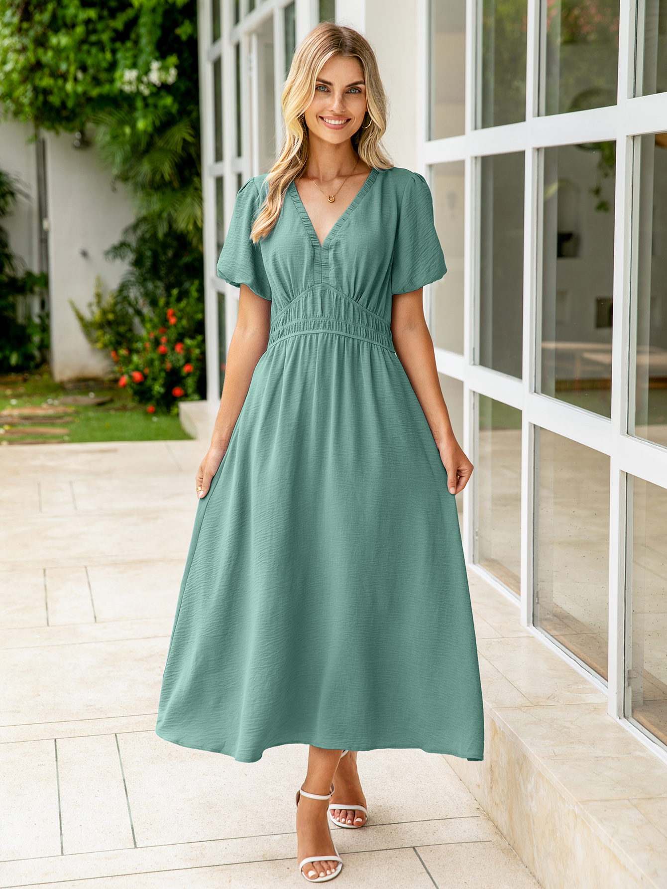 Boho Puff Sleeve Flowy Wedding Guest Maxi Dress