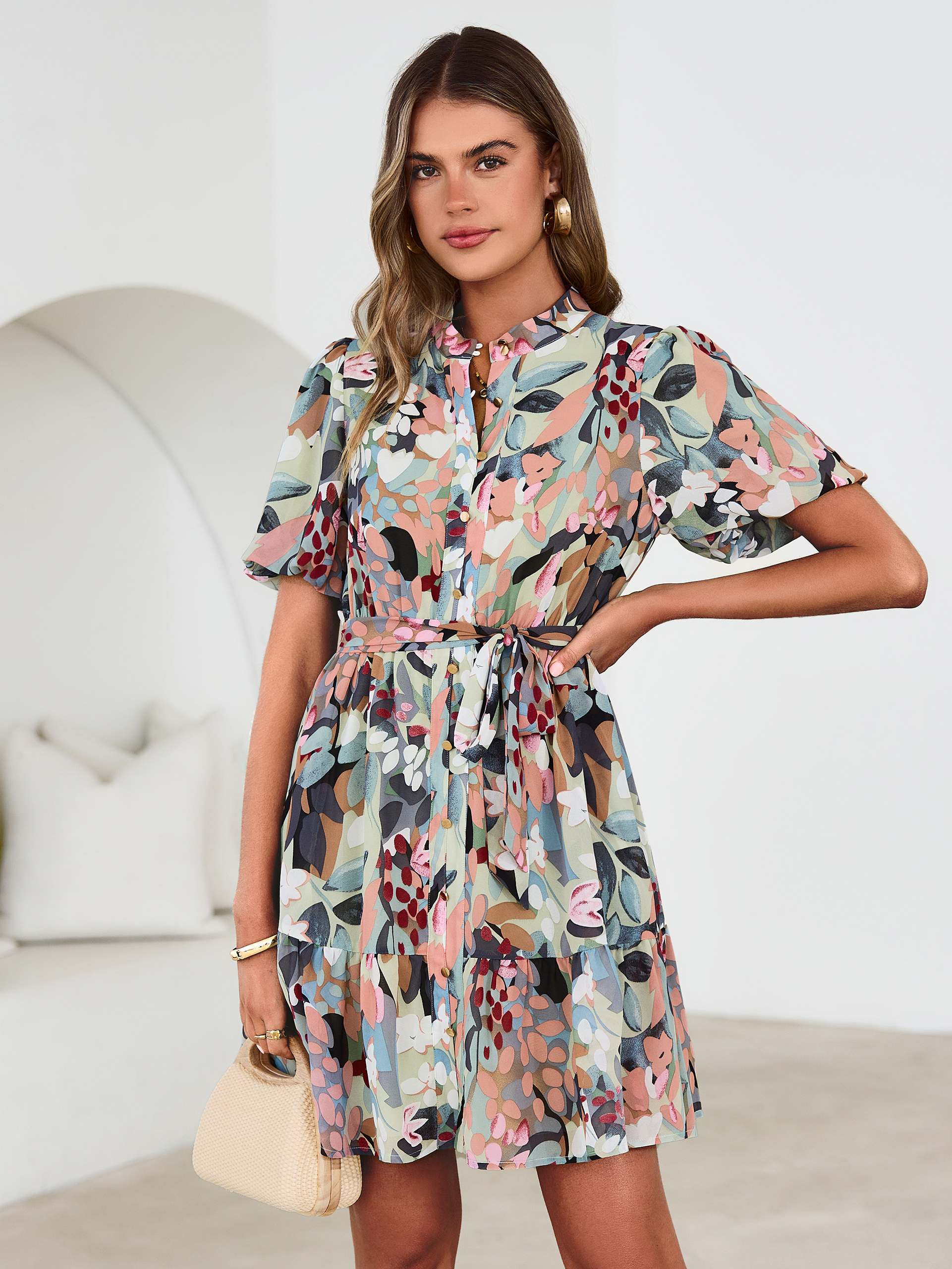 Floral Button Down Tie Waist A-Line Mini Dress