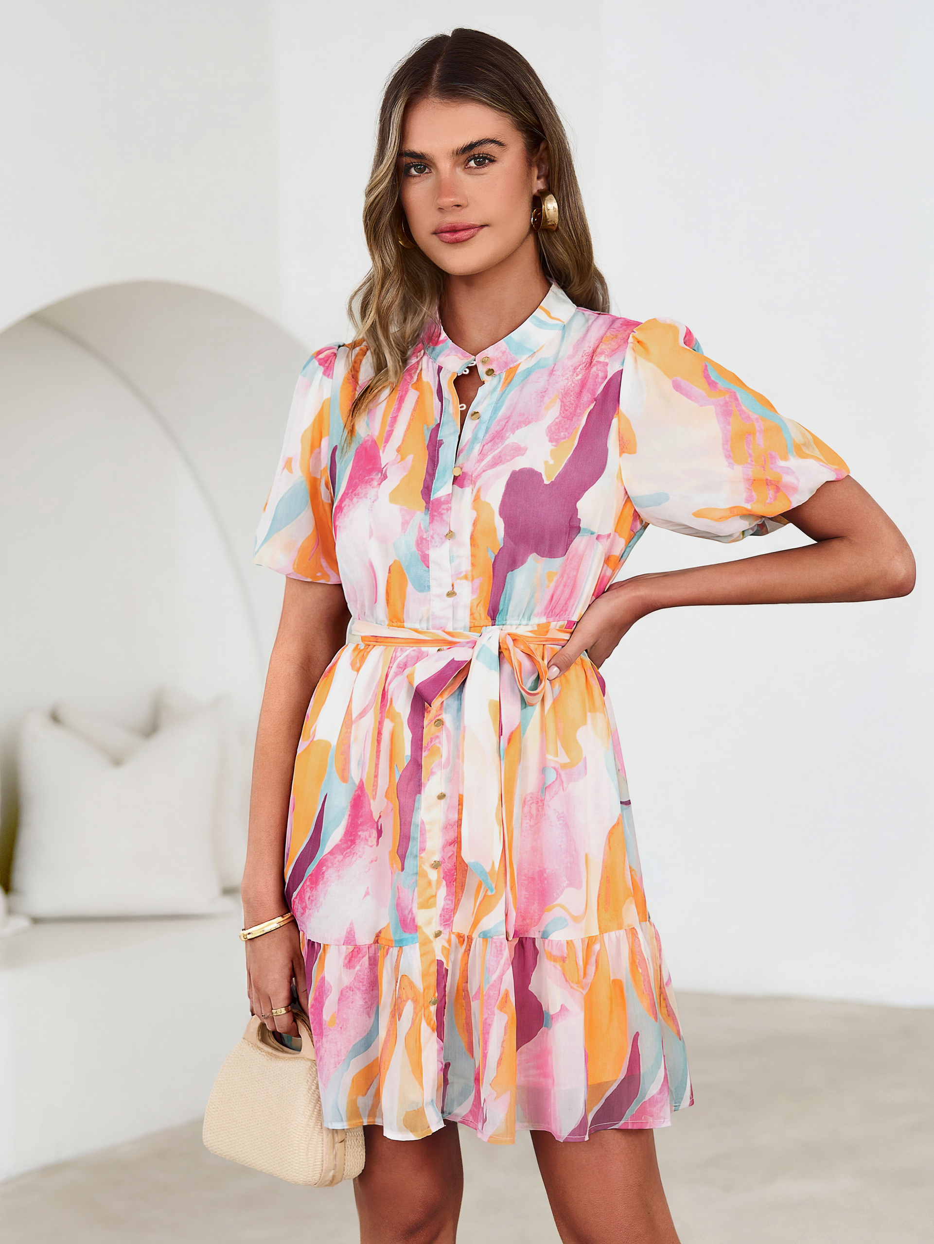 Floral Button Down Tie Waist A-Line Mini Dress