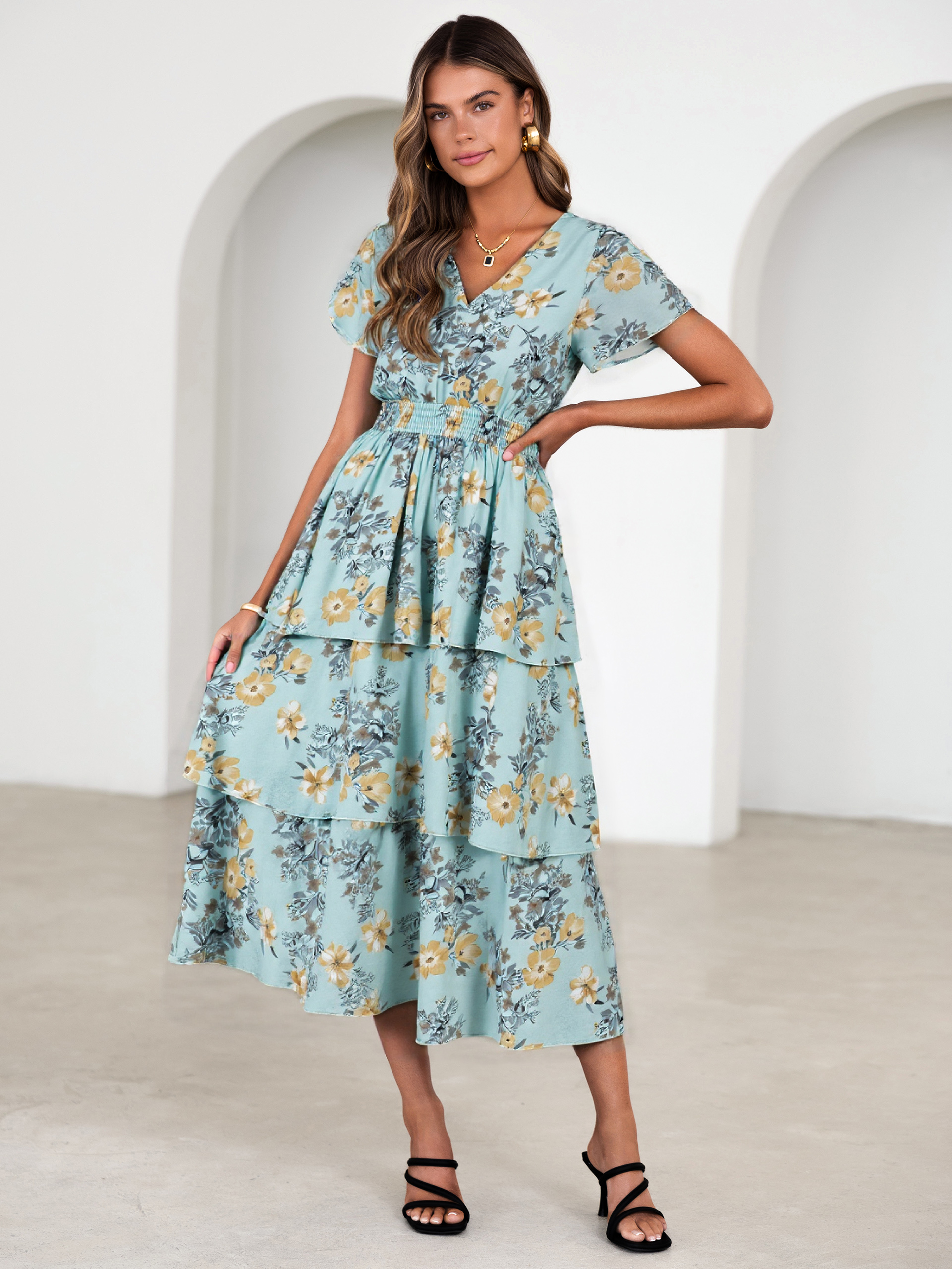 Ruffle Tiered Floral Wedding Guest Maxi Dress - Green Yellow Floral