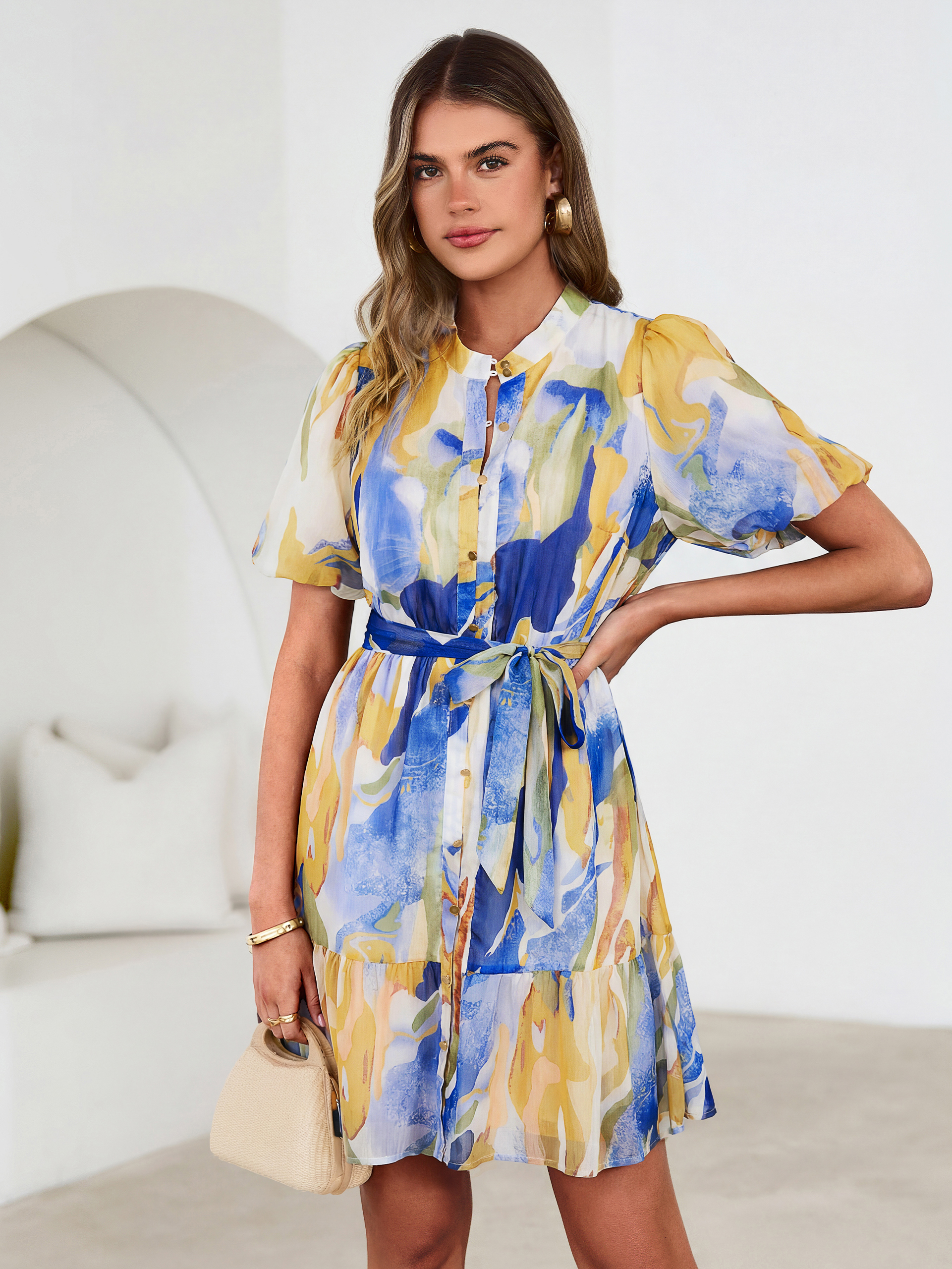 Floral Button Down Tie Waist A-Line Mini Dress