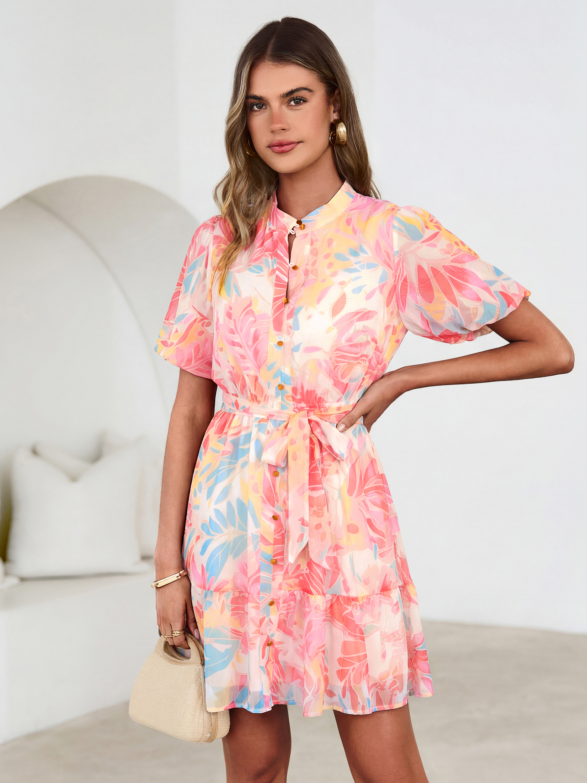 Floral Button Down Tie Waist A-Line Mini Dress