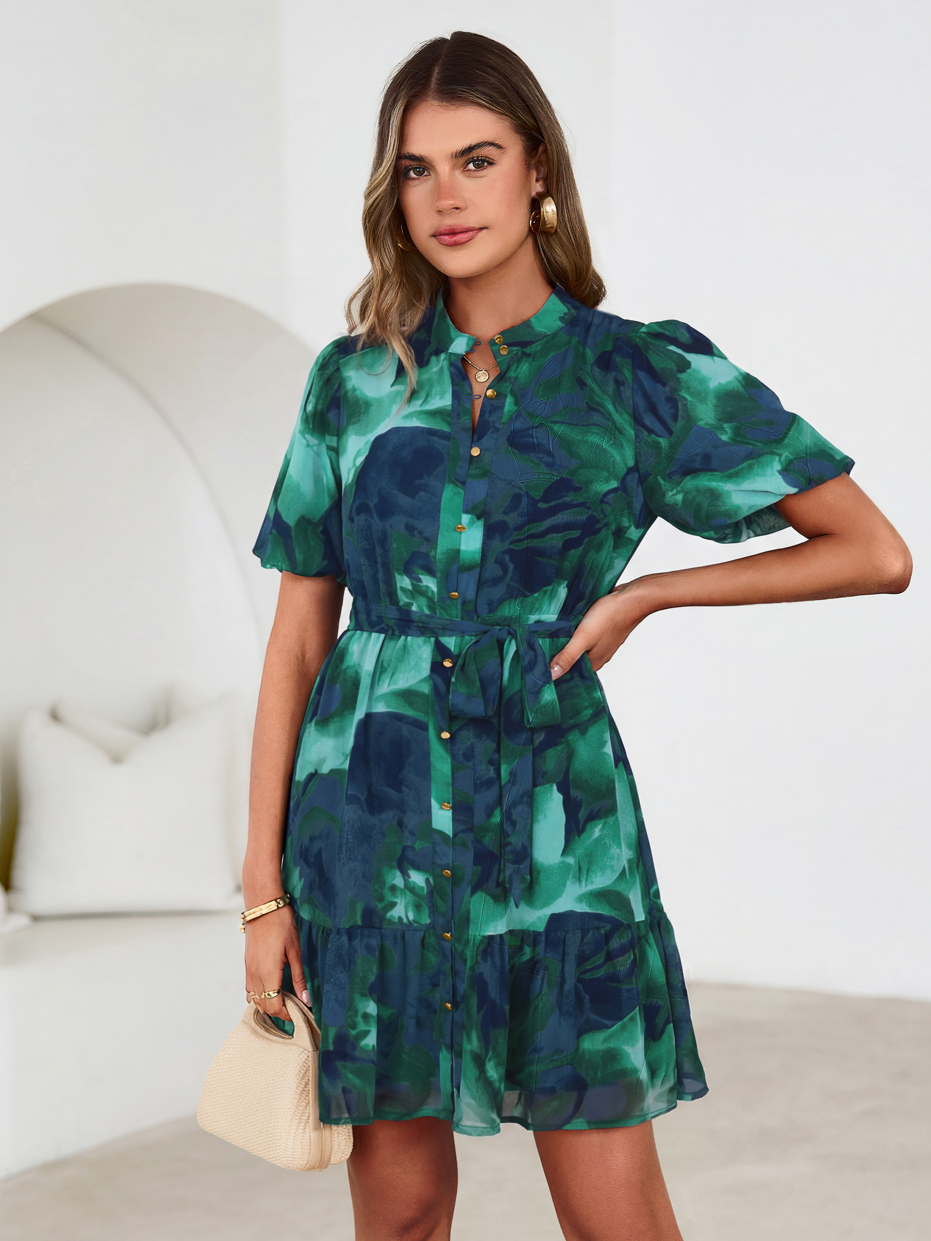 Floral Button Down Tie Waist A-Line Mini Dress