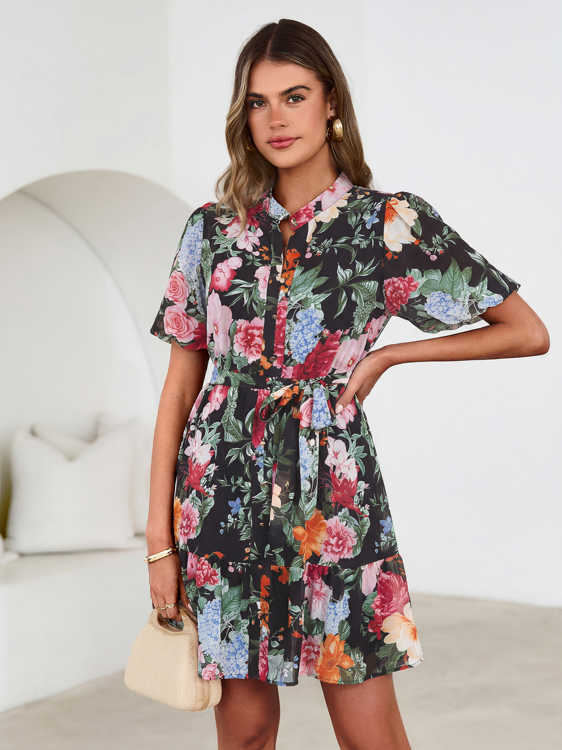 Floral Button Down Tie Waist A-Line Mini Dress
