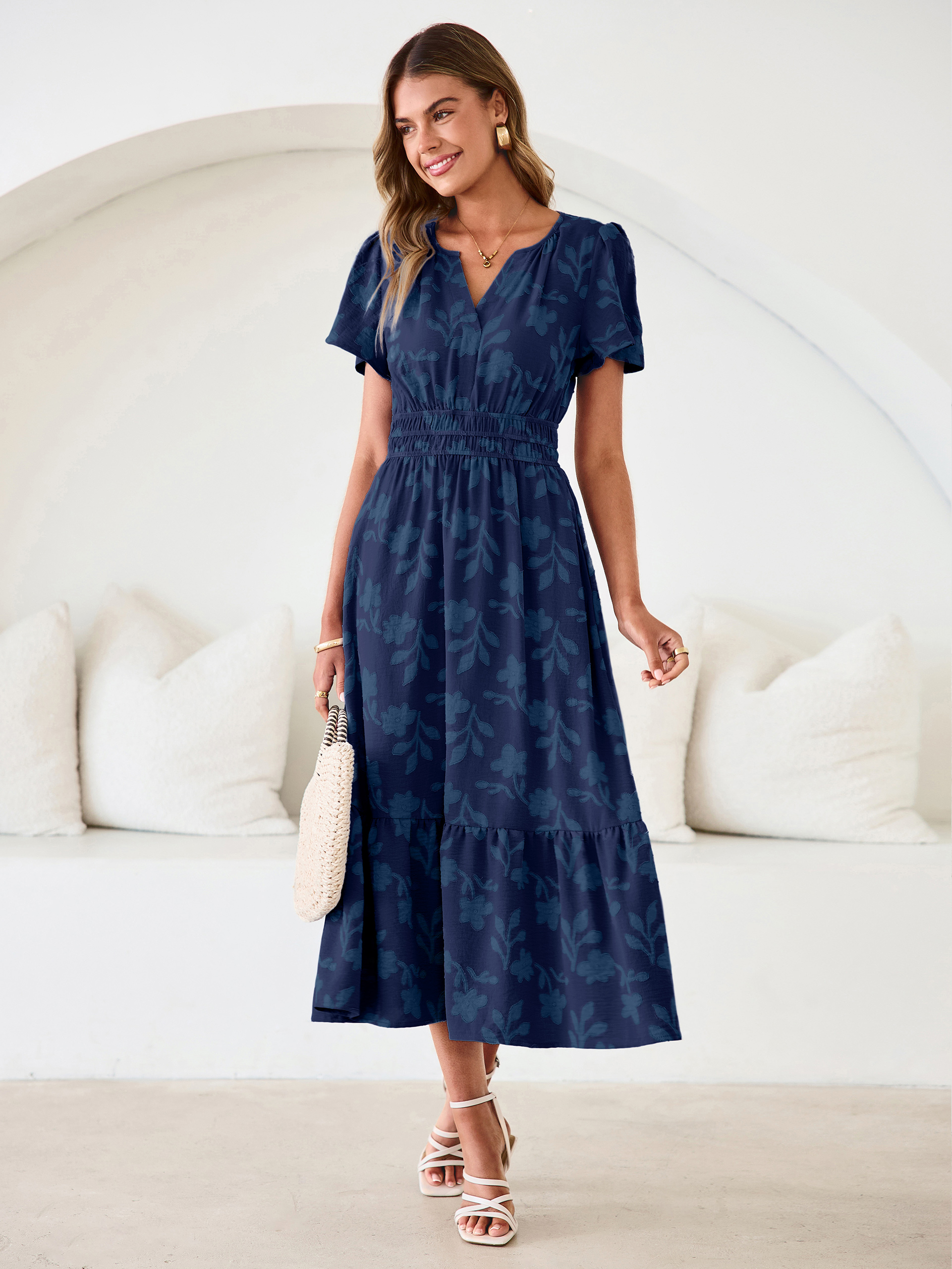 V Neck Burnout Floral Ruffle Maxi Dress