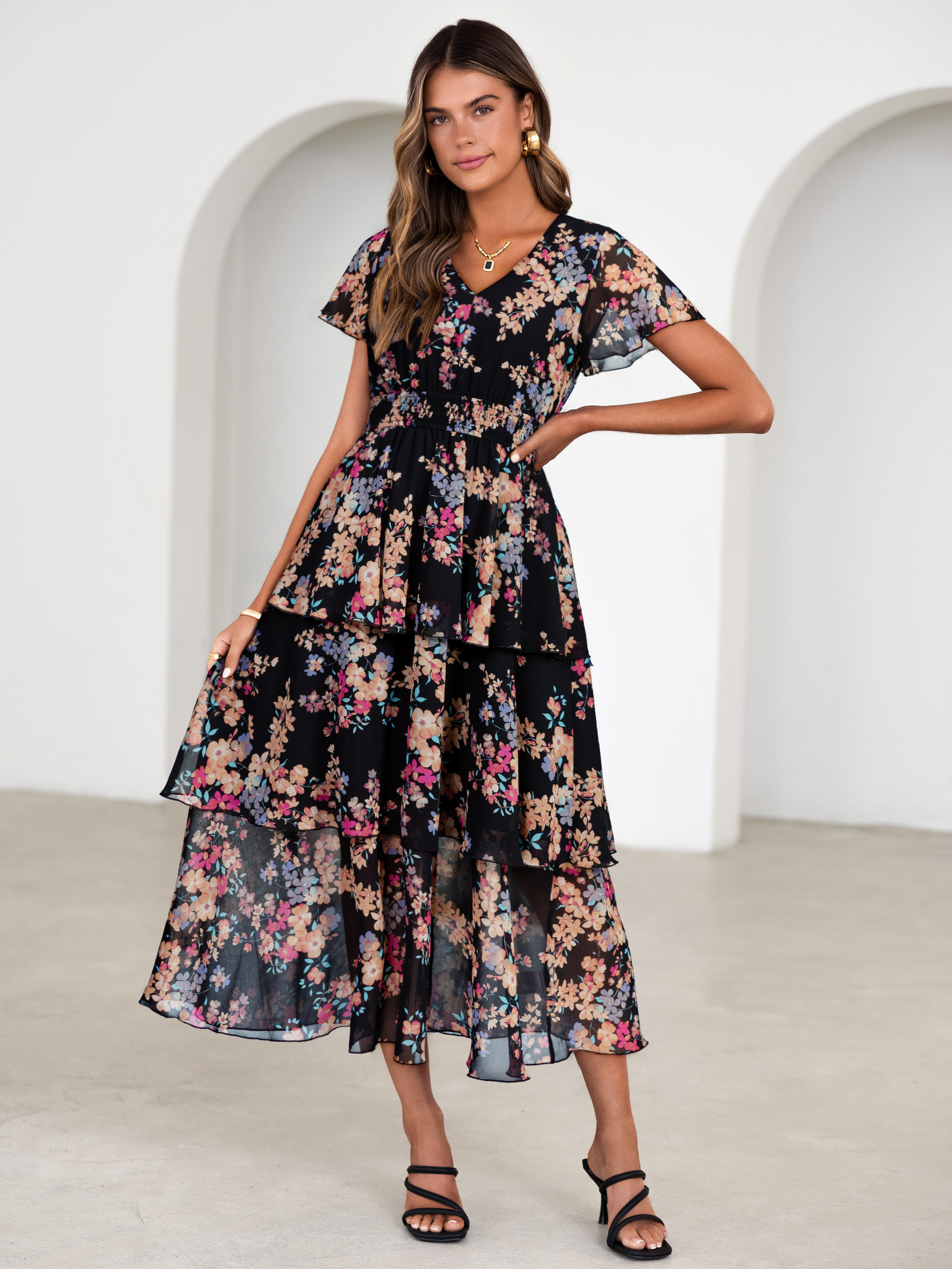 Ruffle Tiered Floral Wedding Guest Maxi Dress - Black Yellow Floral