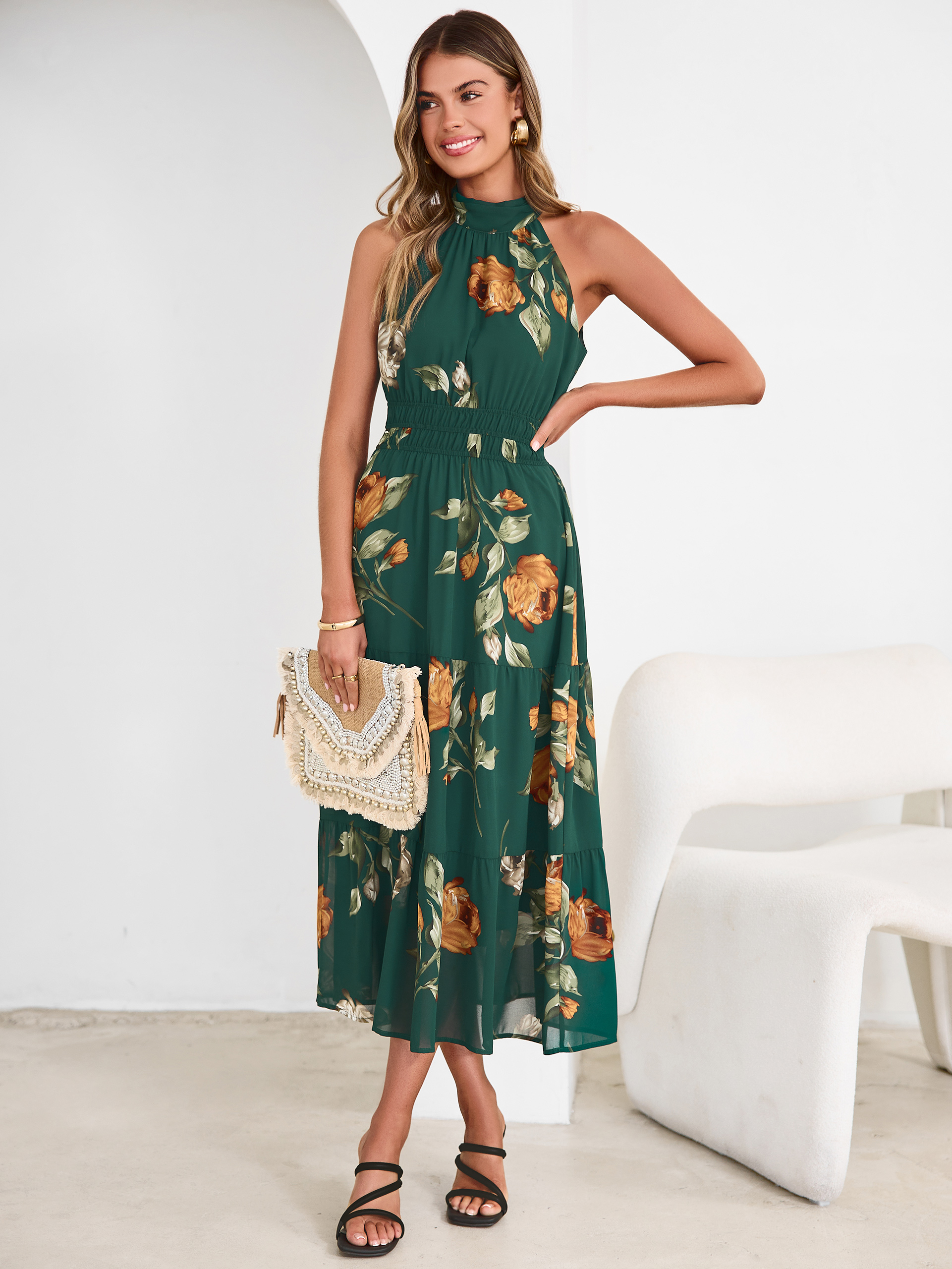 Floral Halter Neck Smocked Waist Maxi Dress