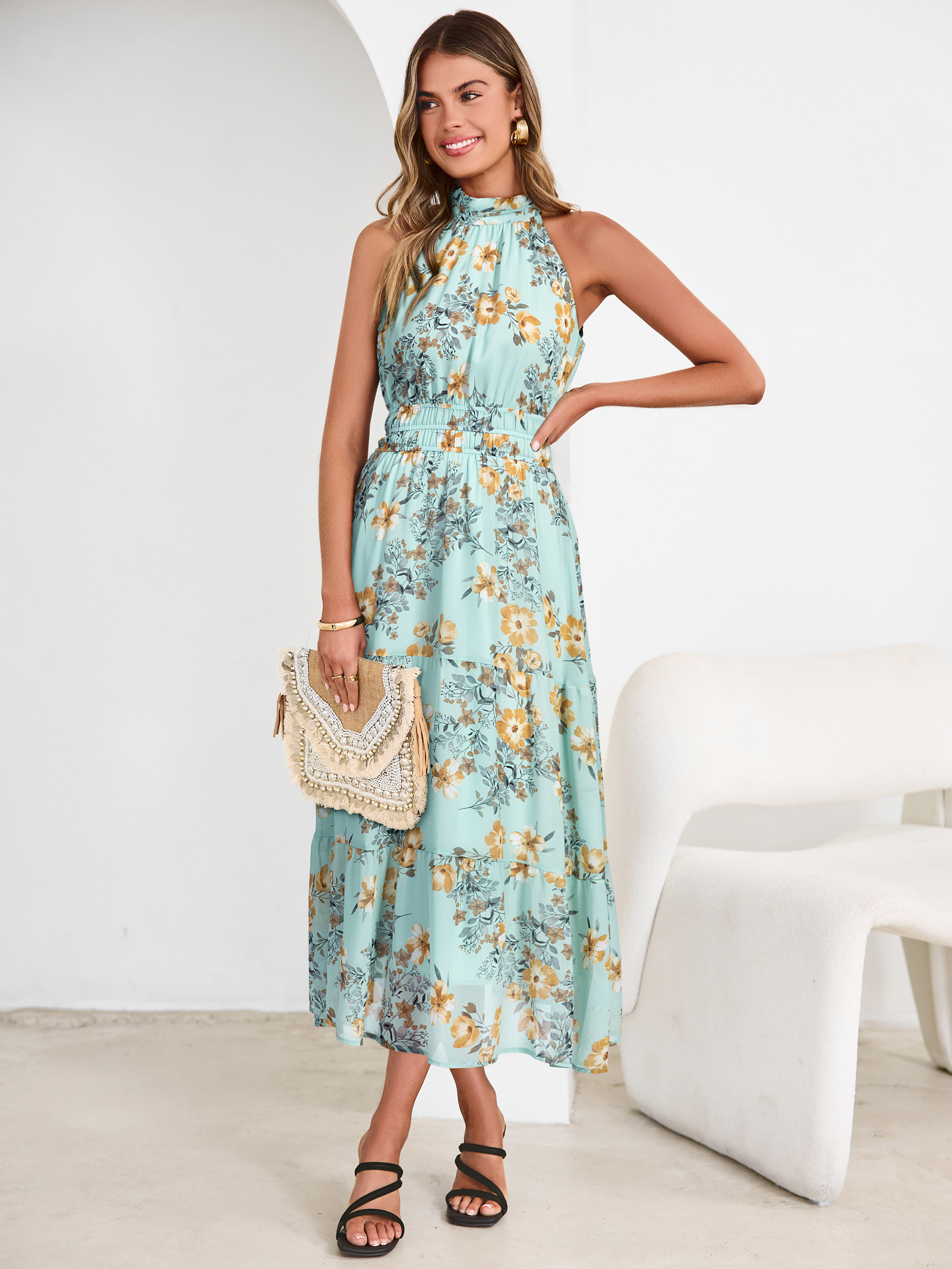 Floral Halter Neck Smocked Waist Maxi Dress