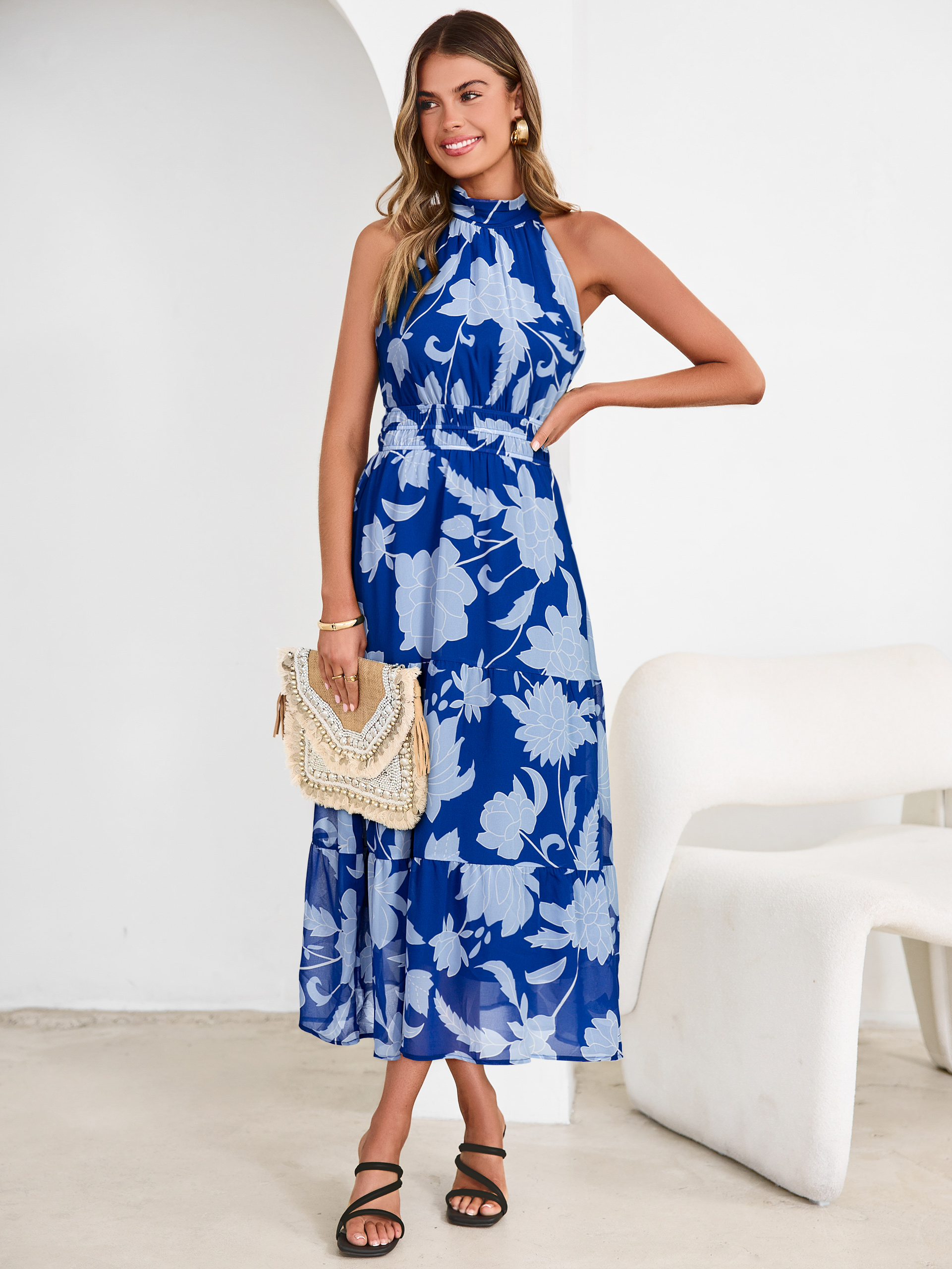 Floral Halter Neck Smocked Waist Maxi Dress