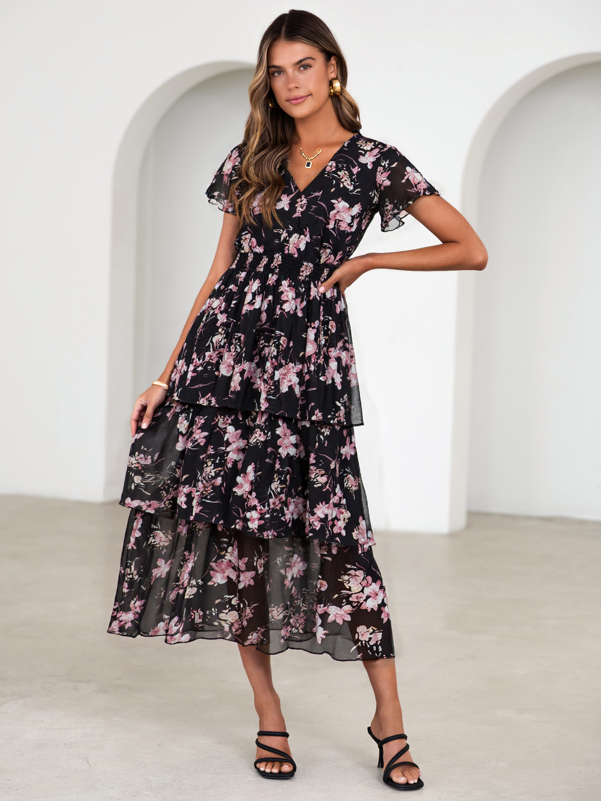 Ruffle Tiered Floral Wedding Guest Maxi Dress - Black Pink Floral