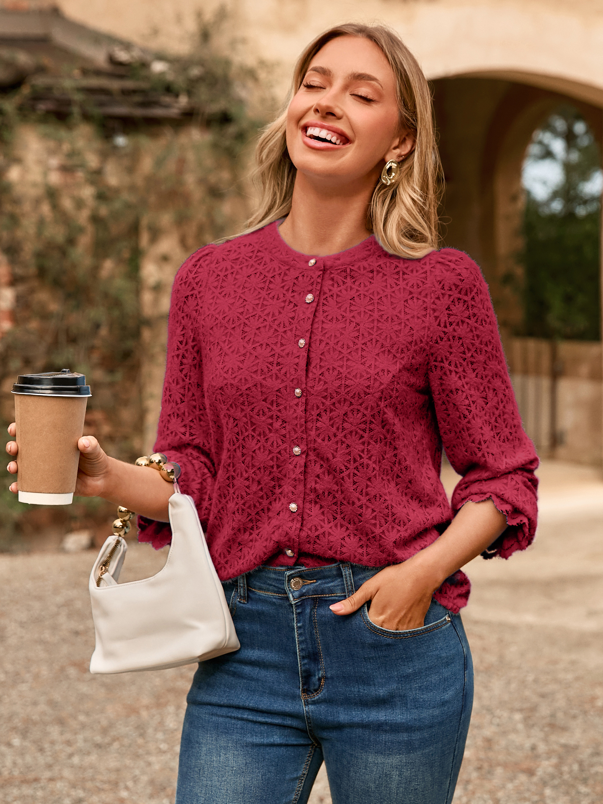 Lace Hollow Out Button Down Dressy Blouses