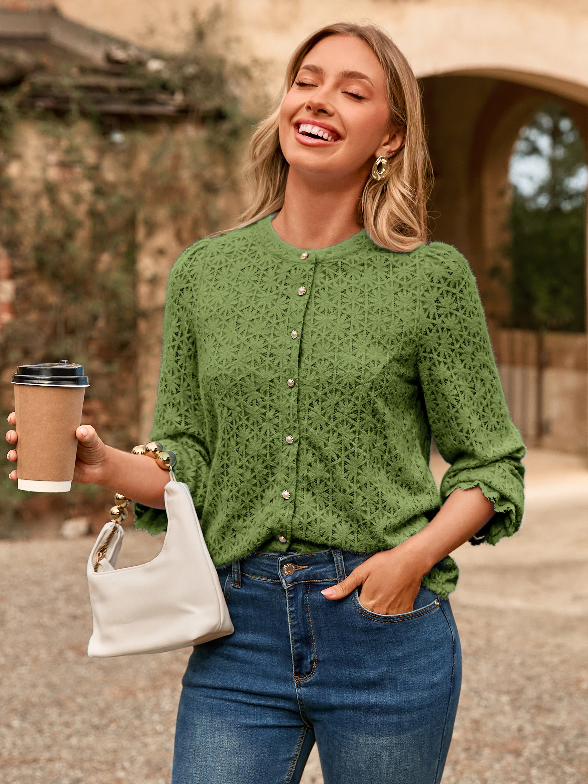 Lace Hollow Out Button Down Dressy Blouses