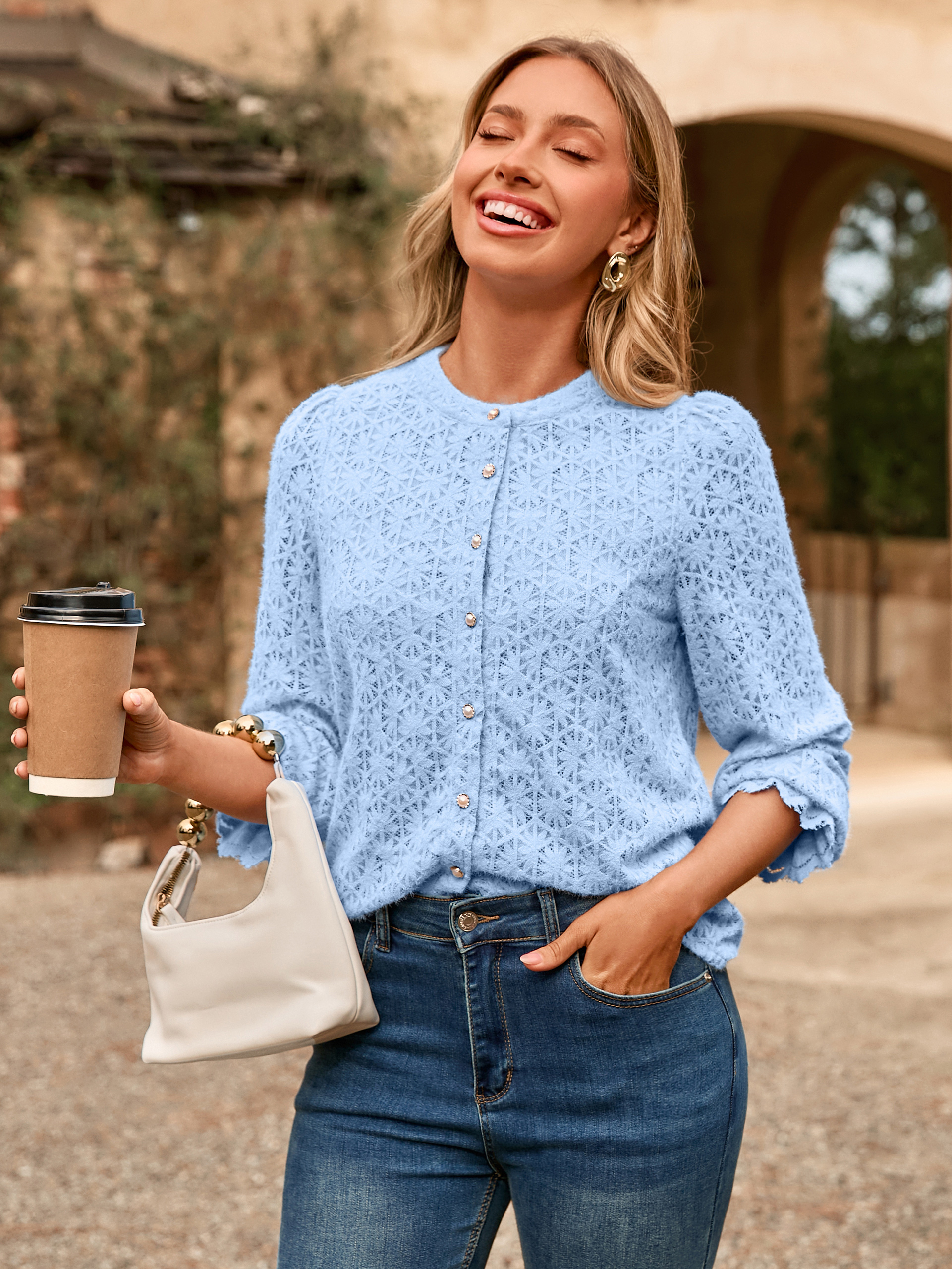 Lace Hollow Out Button Down Dressy Blouses