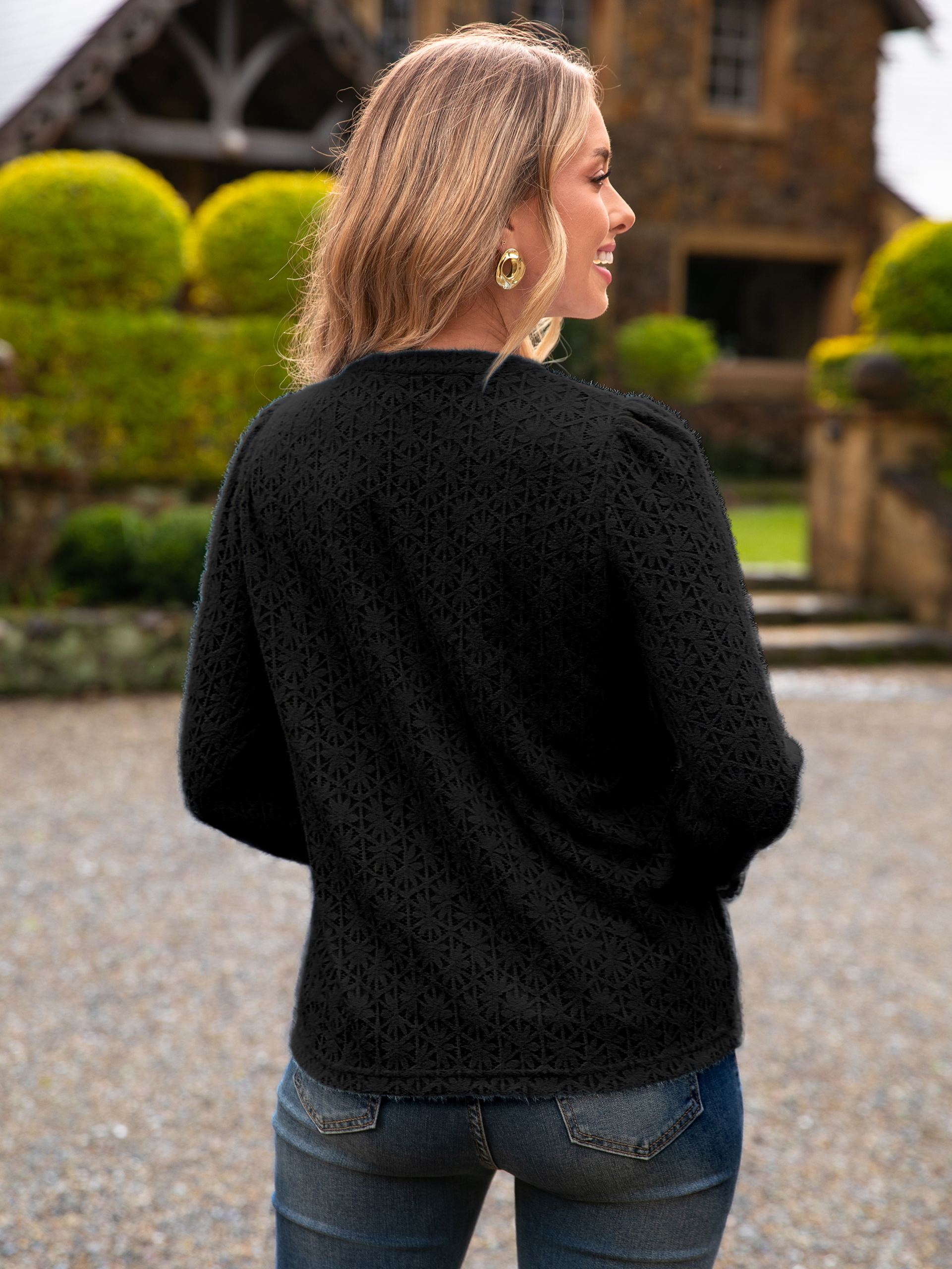 Lace Eyelet V Neck Long Sleeve Top