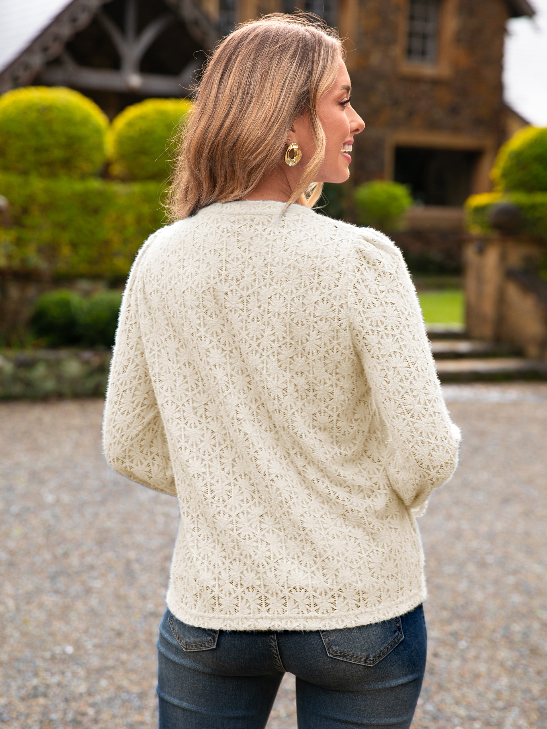 Lace Eyelet V Neck Long Sleeve Top