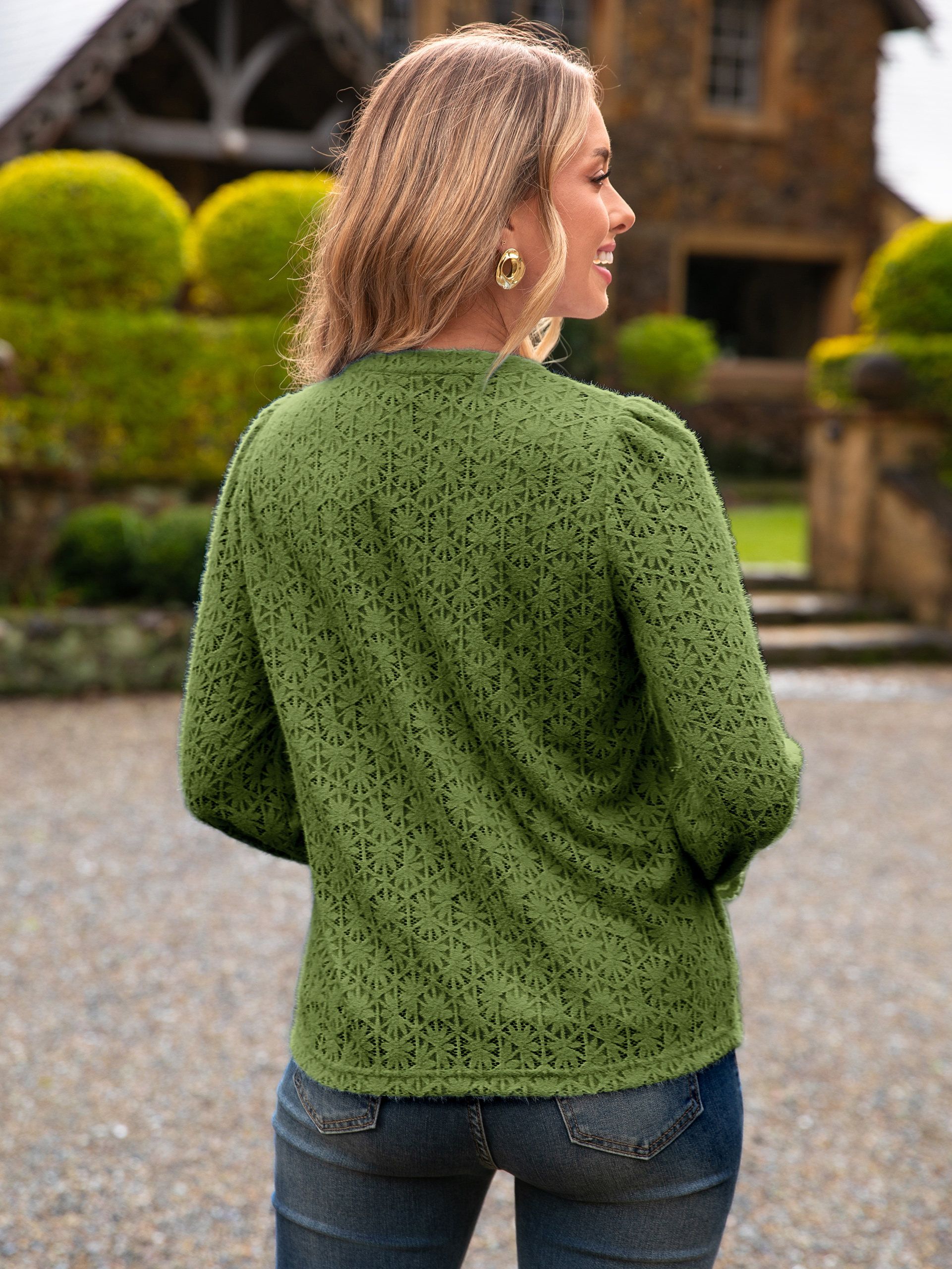 Lace Eyelet V Neck Long Sleeve Top