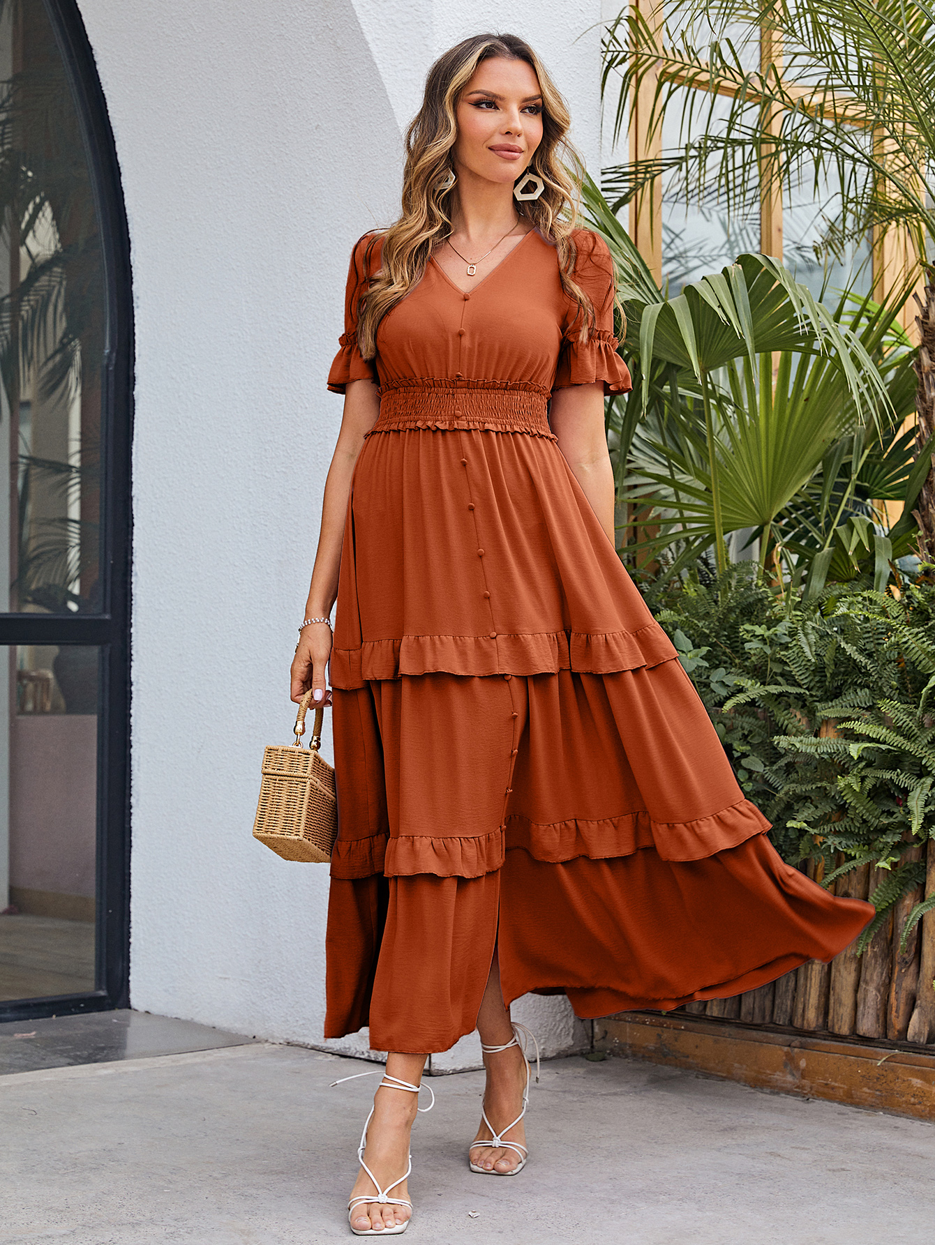 Short Sleeve Tiered Ruffle Smocked V-Neck Maxi Dress