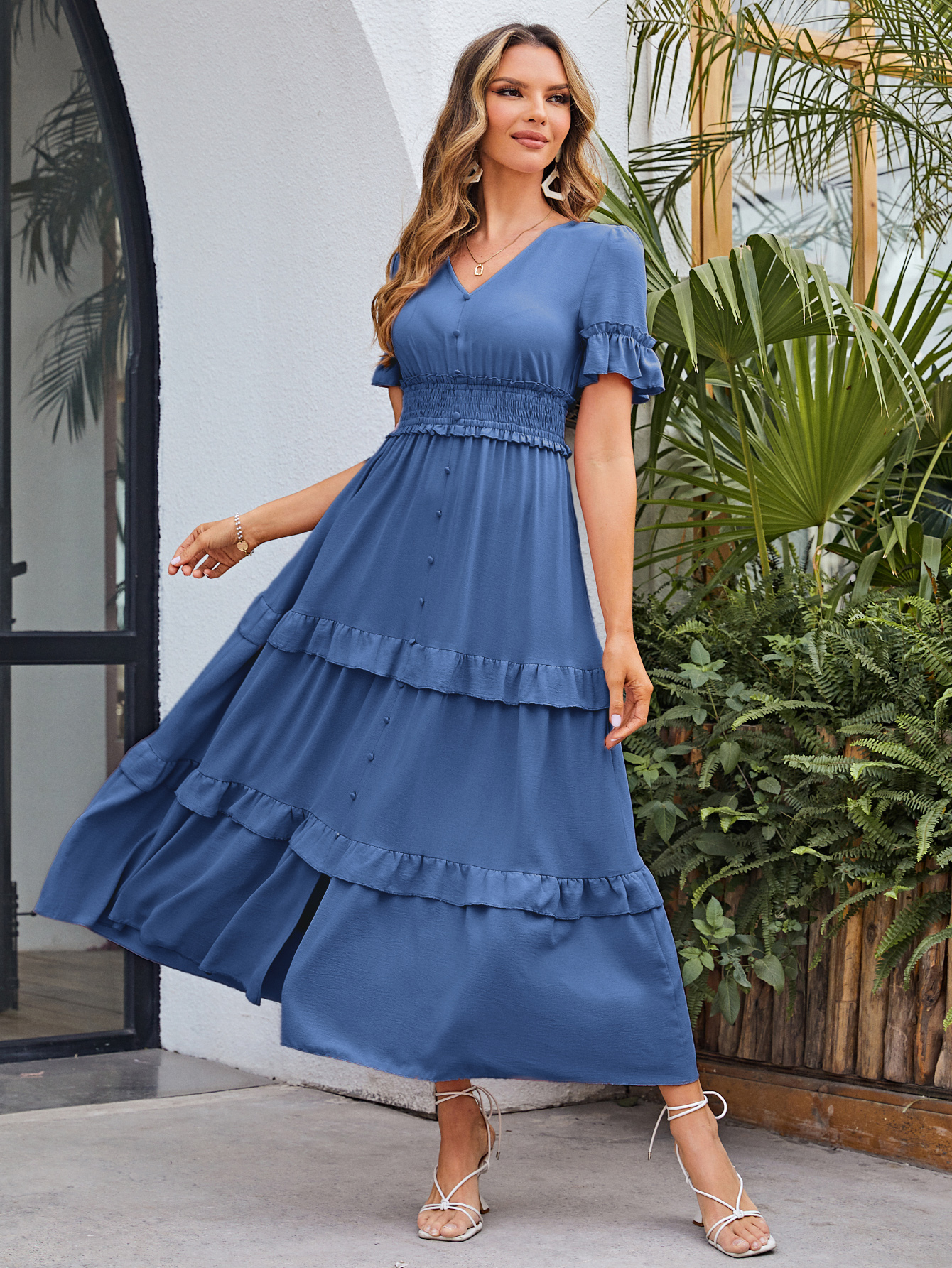 Short Sleeve Tiered Ruffle Smocked V-Neck Maxi Dress