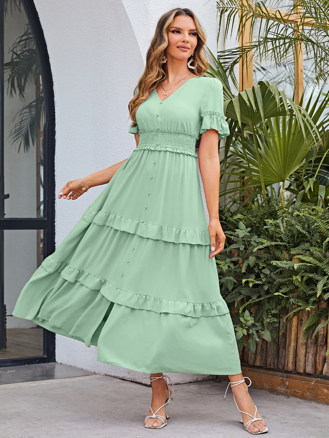Short Sleeve Tiered Ruffle Smocked V-Neck Maxi Dress