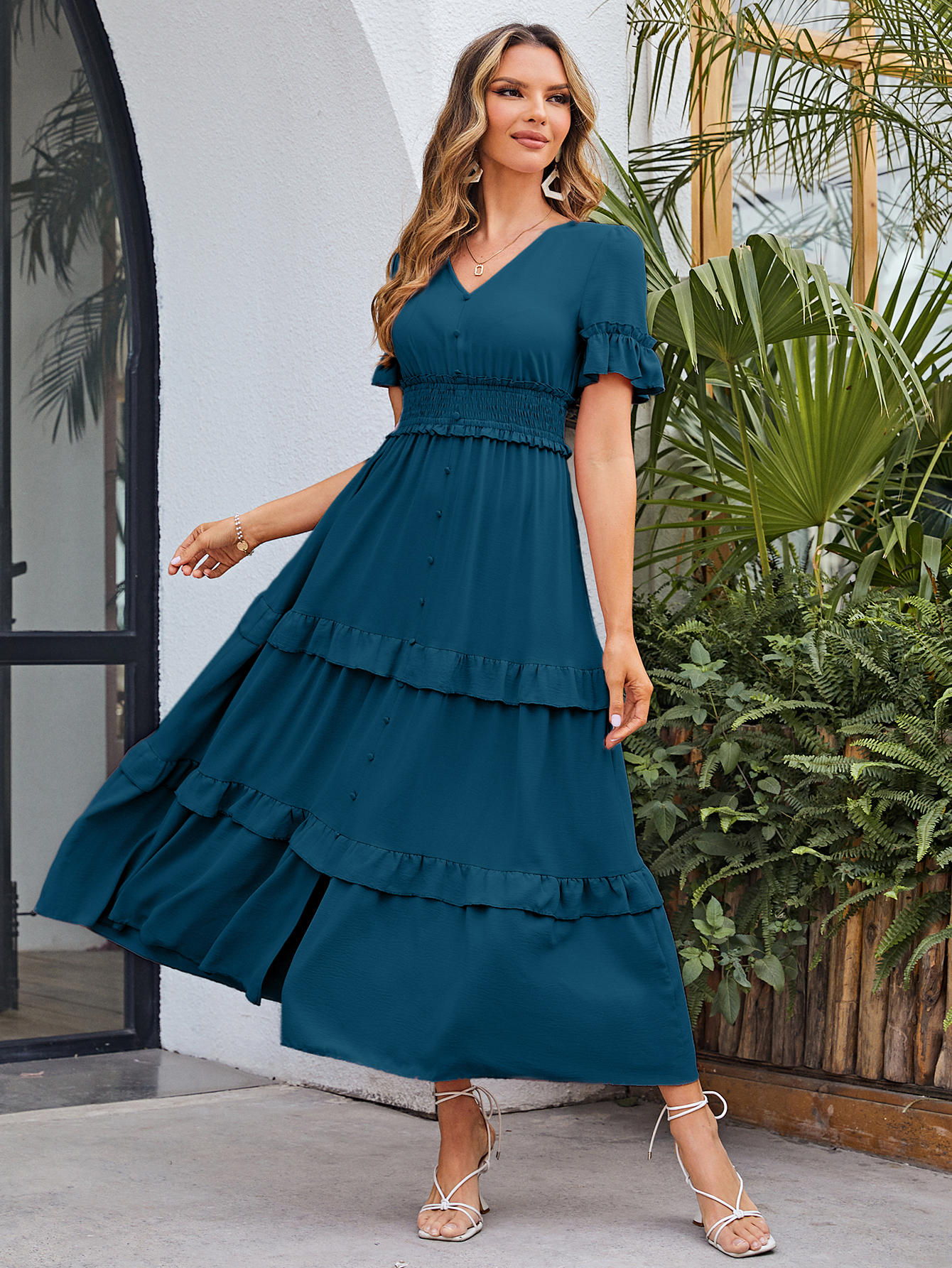 Short Sleeve Tiered Ruffle Smocked V-Neck Maxi Dress