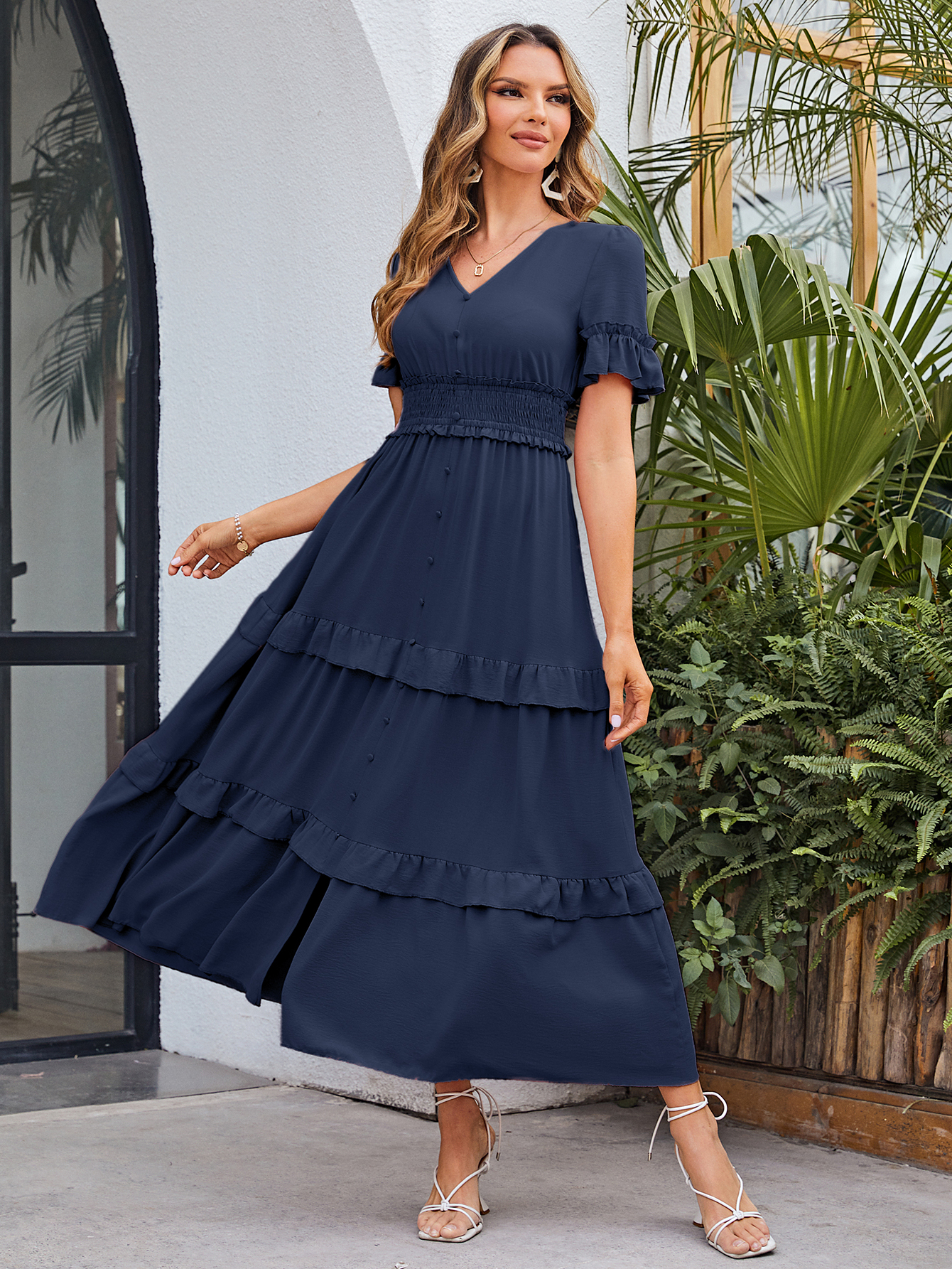 Short Sleeve Tiered Ruffle Smocked V-Neck Maxi Dress