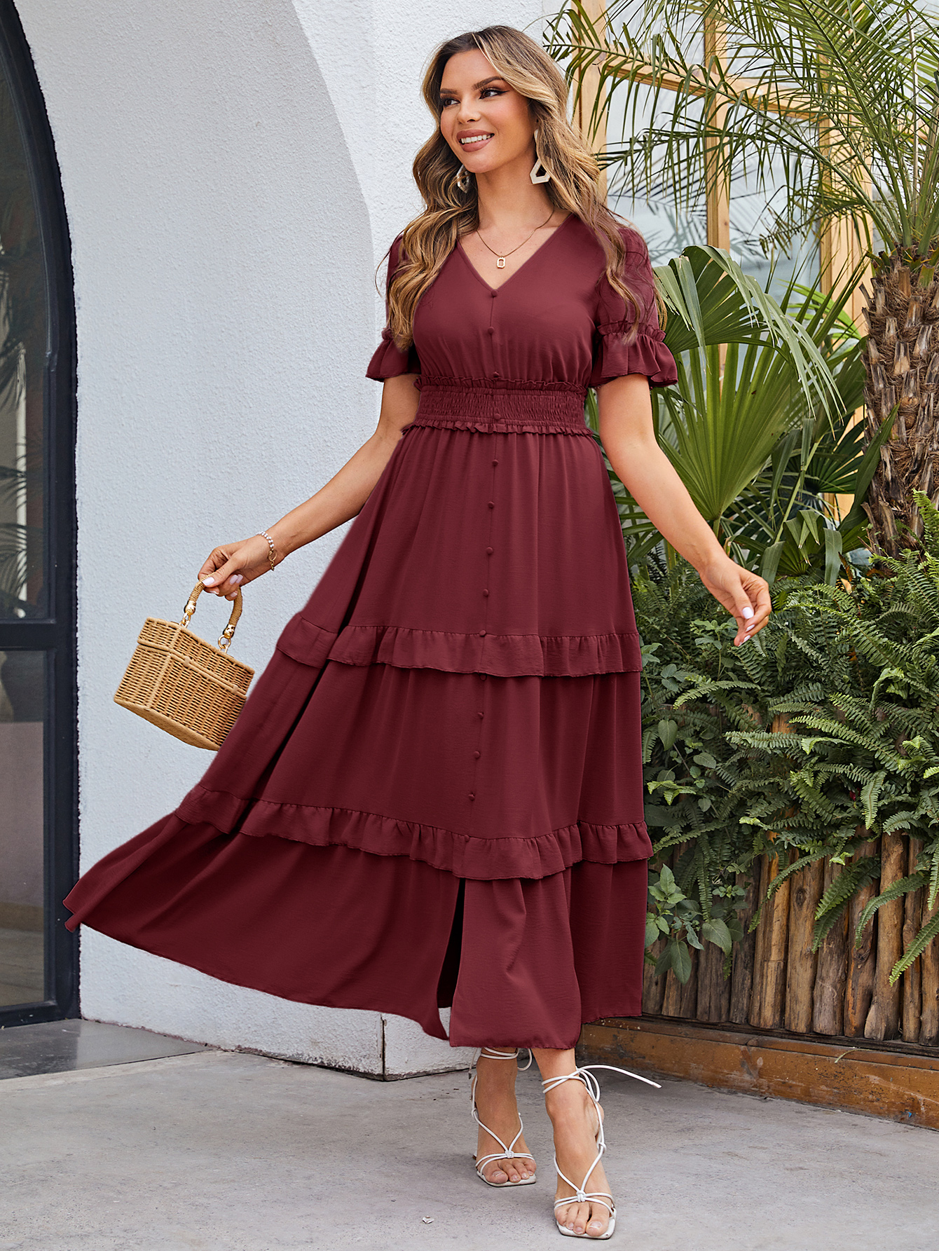 Short Sleeve Tiered Ruffle Smocked V-Neck Maxi Dress - Burgundy