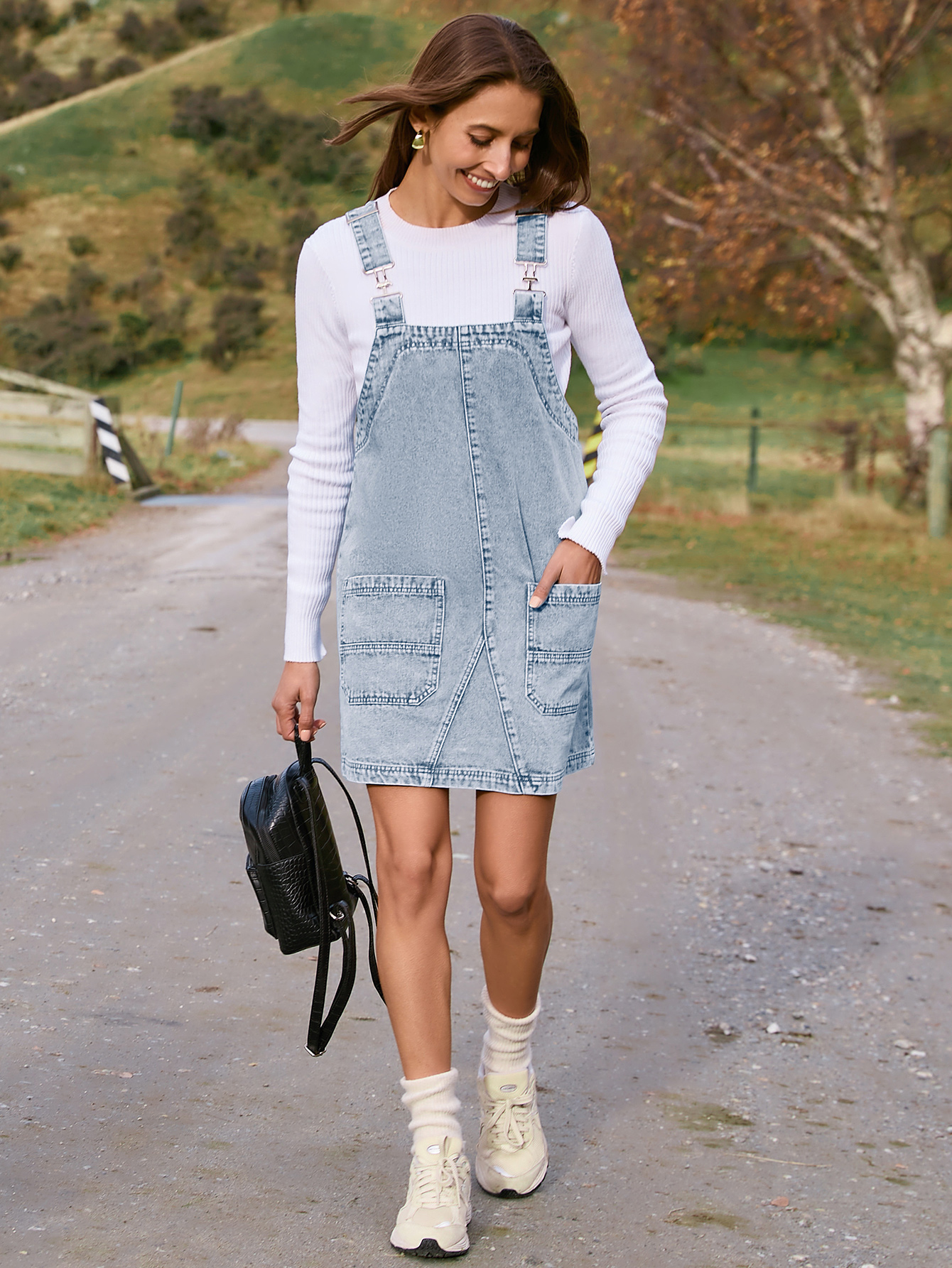 Denim Overall Jumper Dress with Pockets