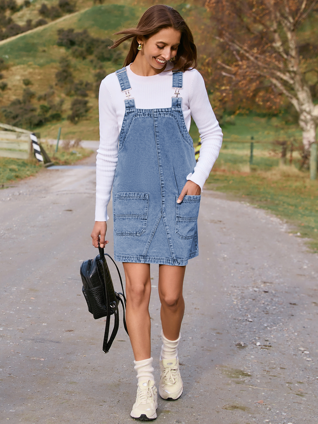 Denim Overall Jumper Dress with Pockets