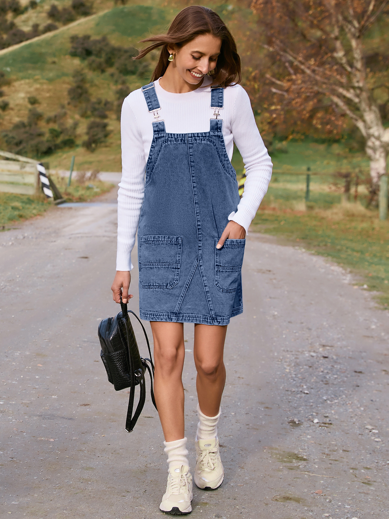 Denim Overall Jumper Dress with Pockets