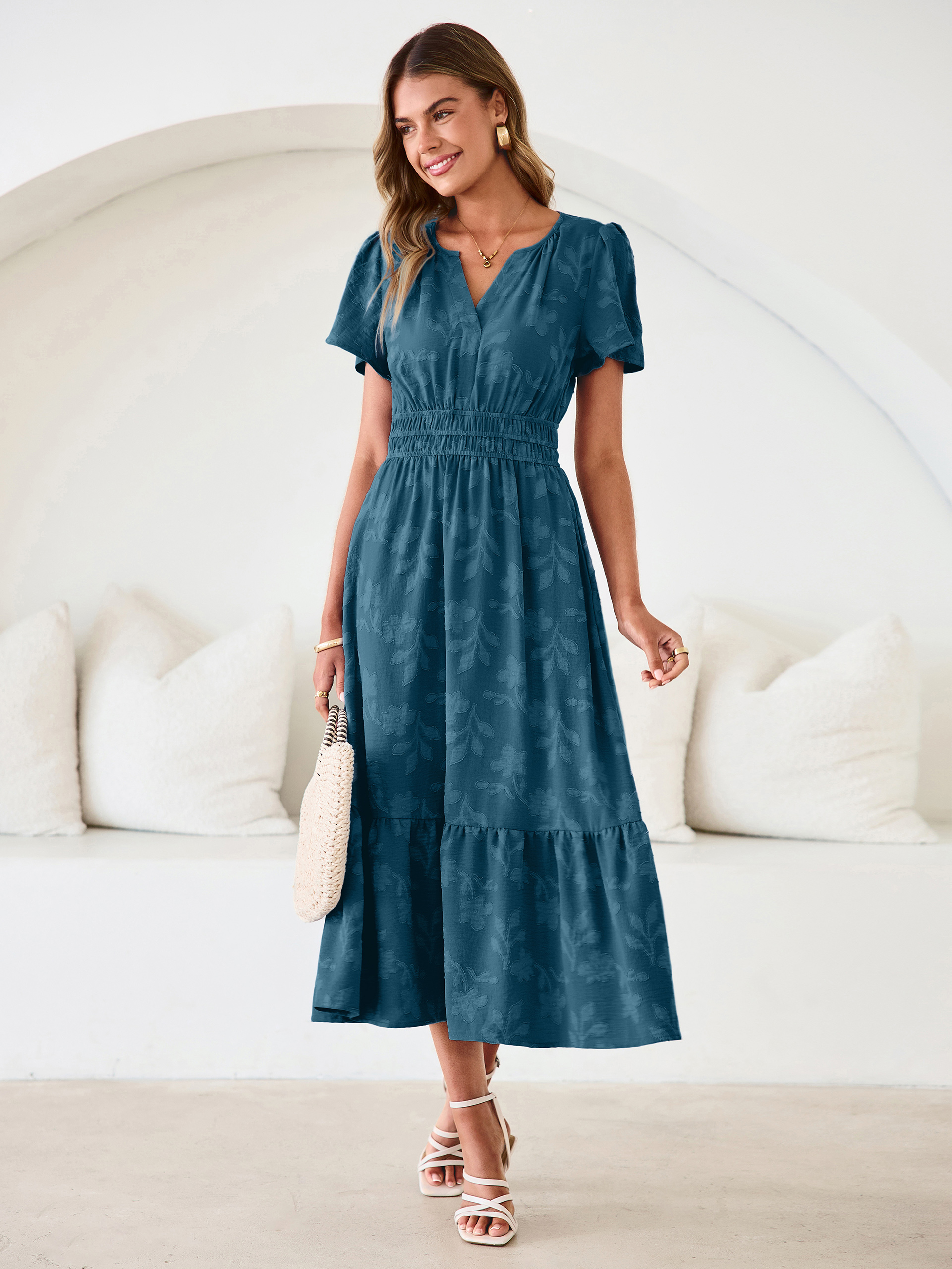 V Neck Burnout Floral Ruffle Maxi Dress